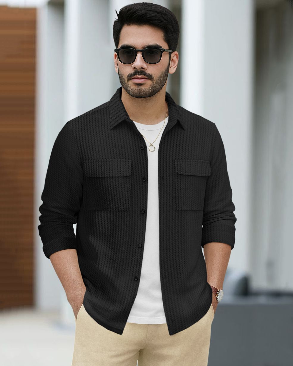Men Full Sleeve Double Pocket Waffle Shirt Black