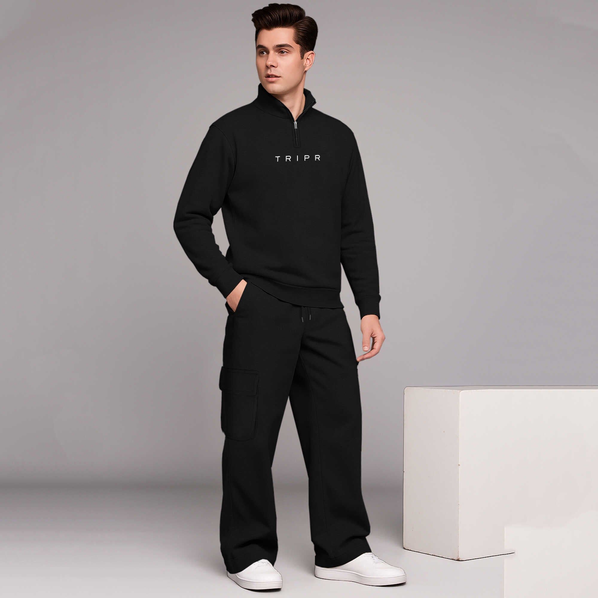 High Neck Plain Black Sweatshirt with Black baggy Cargo Tracksuit