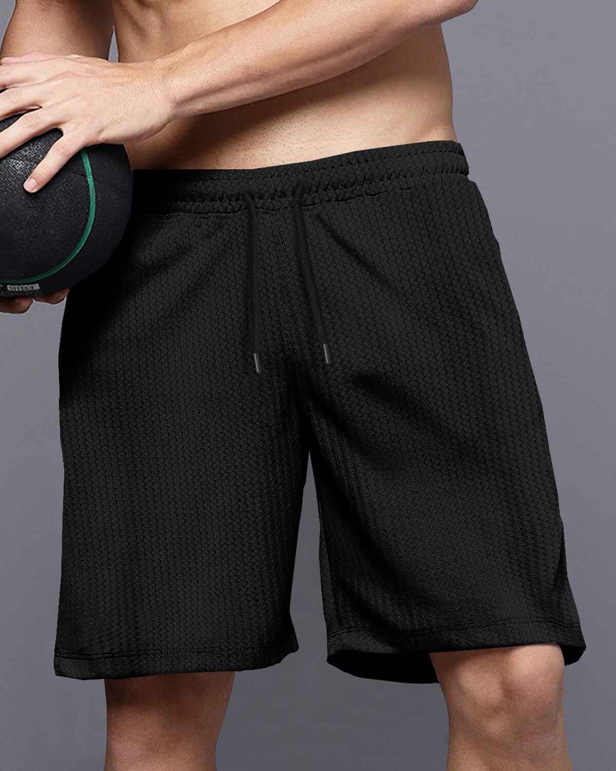 Men Plain Black Waffle Short
