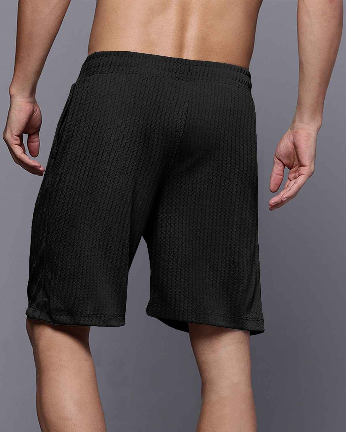Men Plain Black Waffle Short
