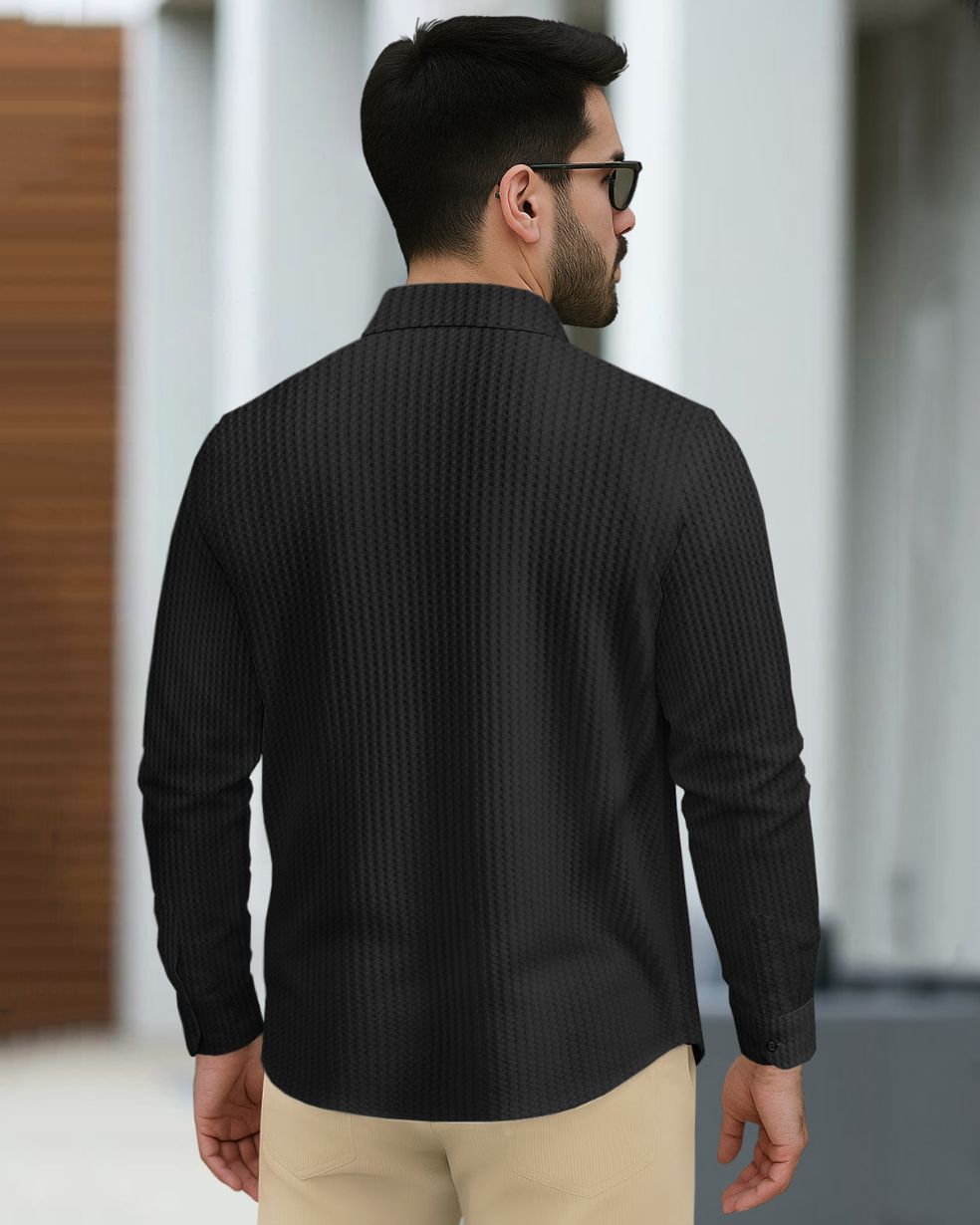 Men Full Sleeve Plain Black Double Pocket Waffle Shirt
