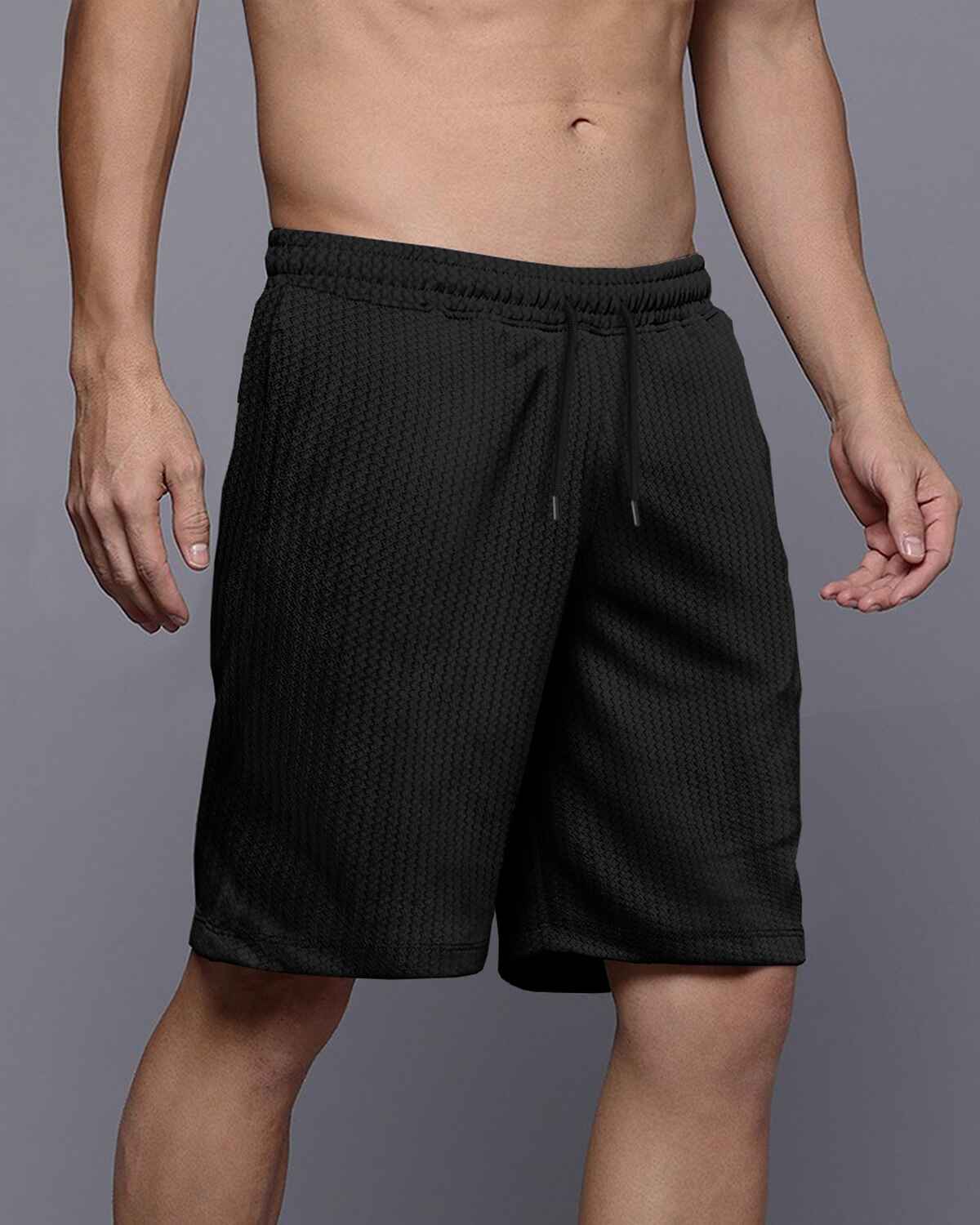 Men Plain Black Waffle Short