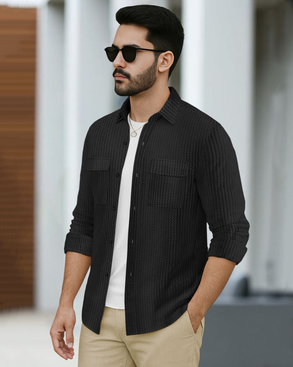 Men Full Sleeve Plain Black Double Pocket Waffle Shirt