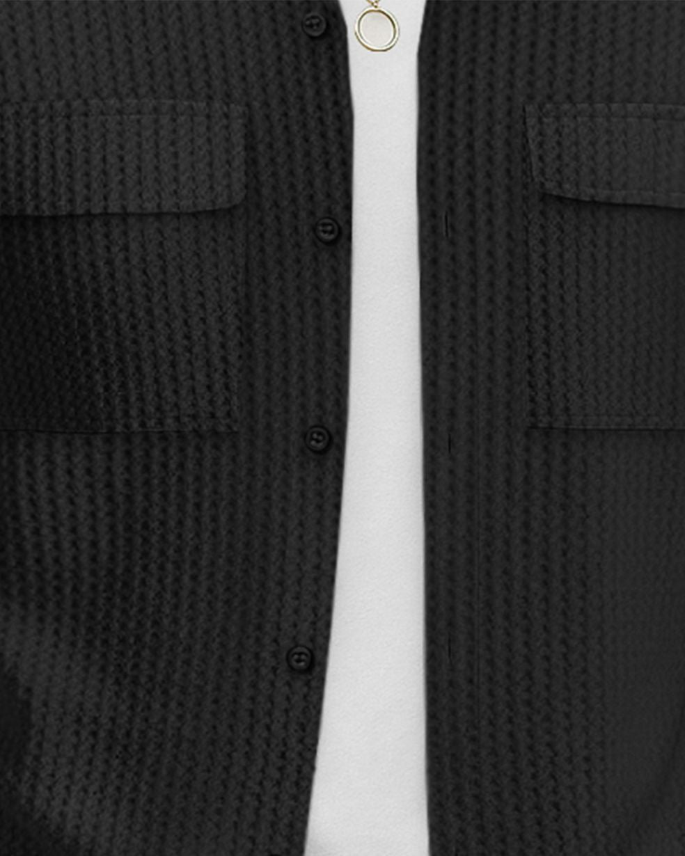 Men Full Sleeve Double Pocket Waffle Shirt Black