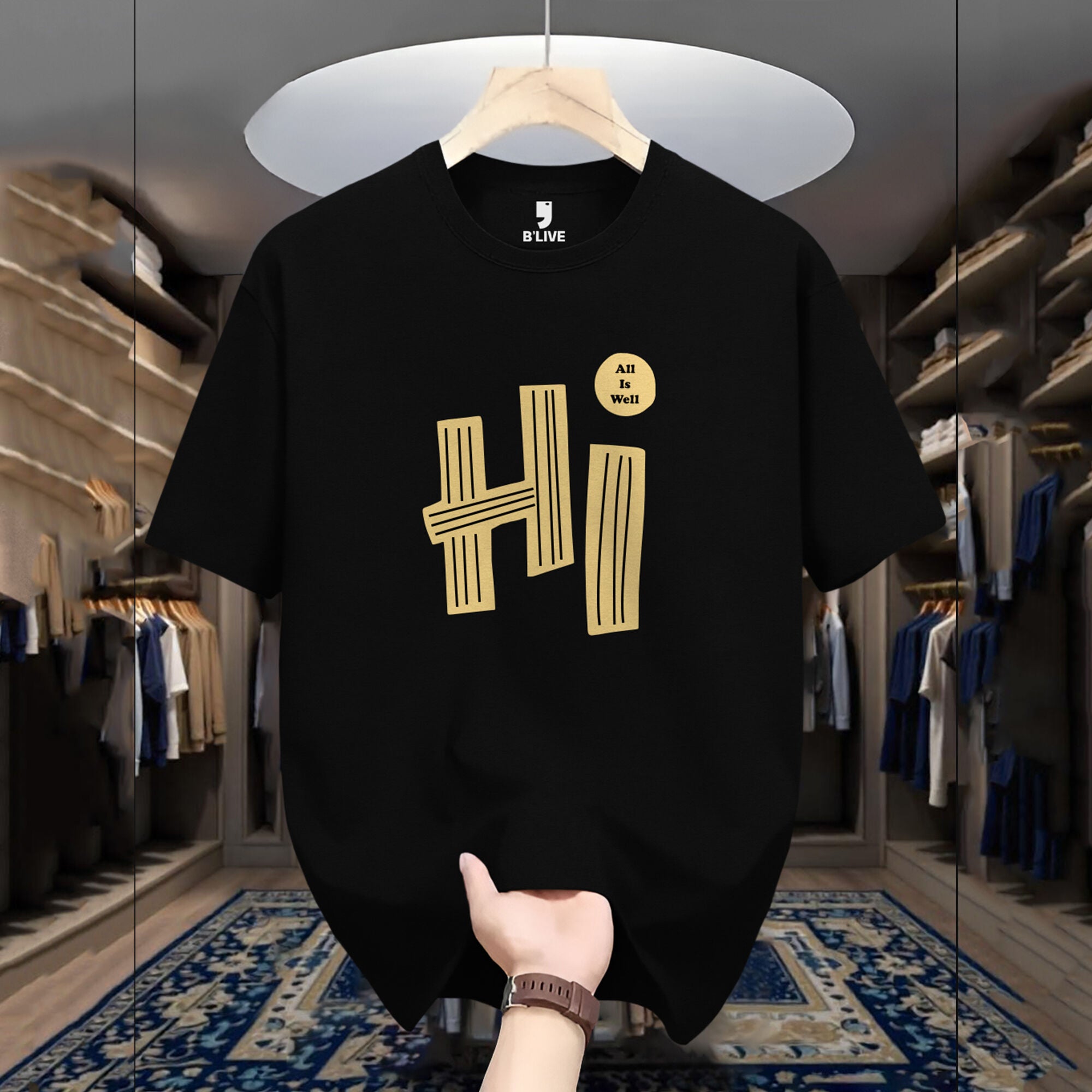 Hi Printed Half Sleeve Round Neck Black Tshirt