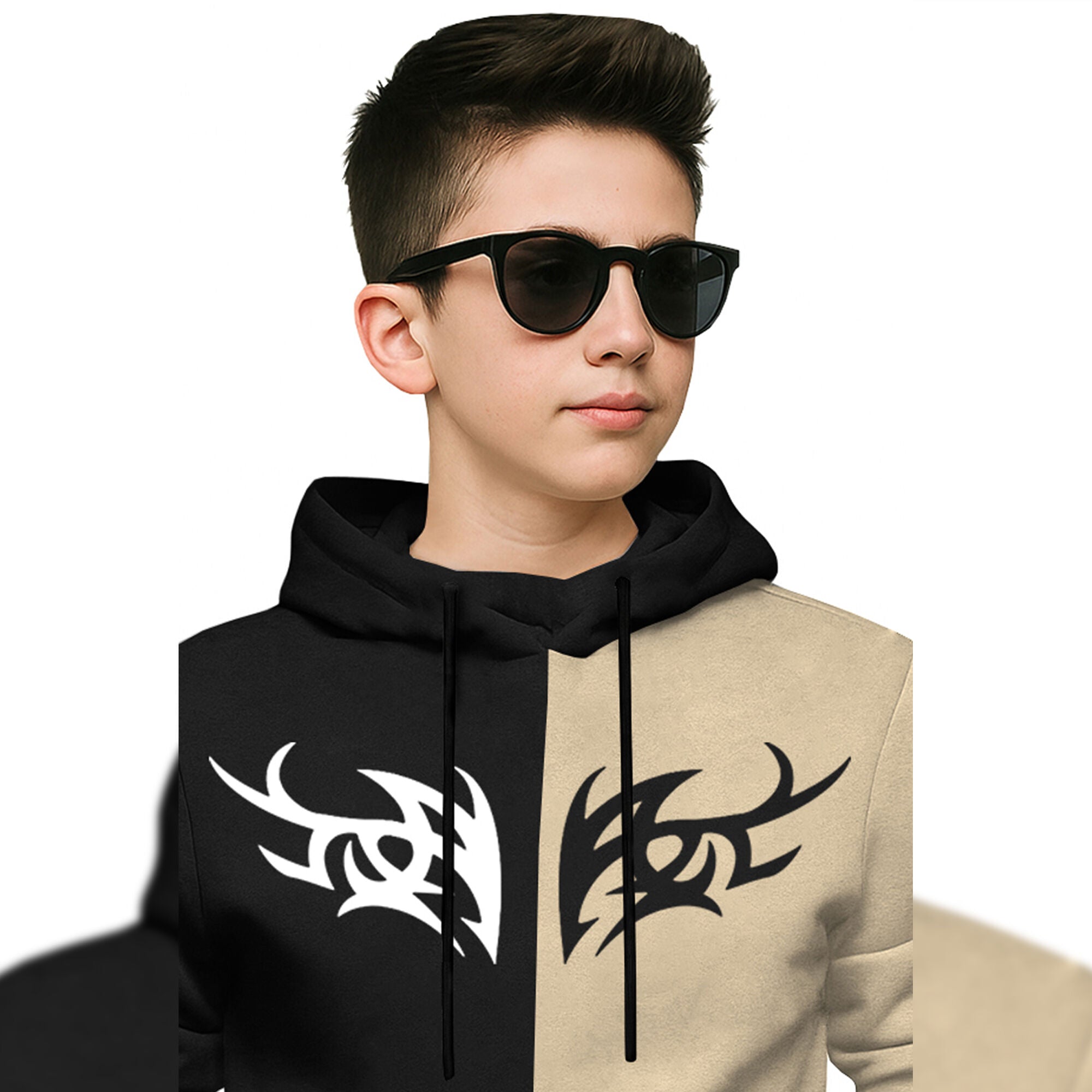Boys Full Sleeve Hooded Dual Color T-shirt Black & Beige