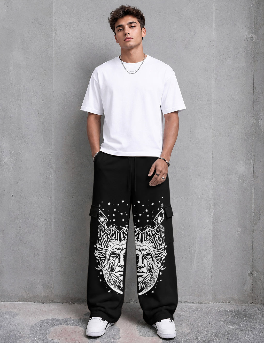 Mens Printed Baggy Cargo Black