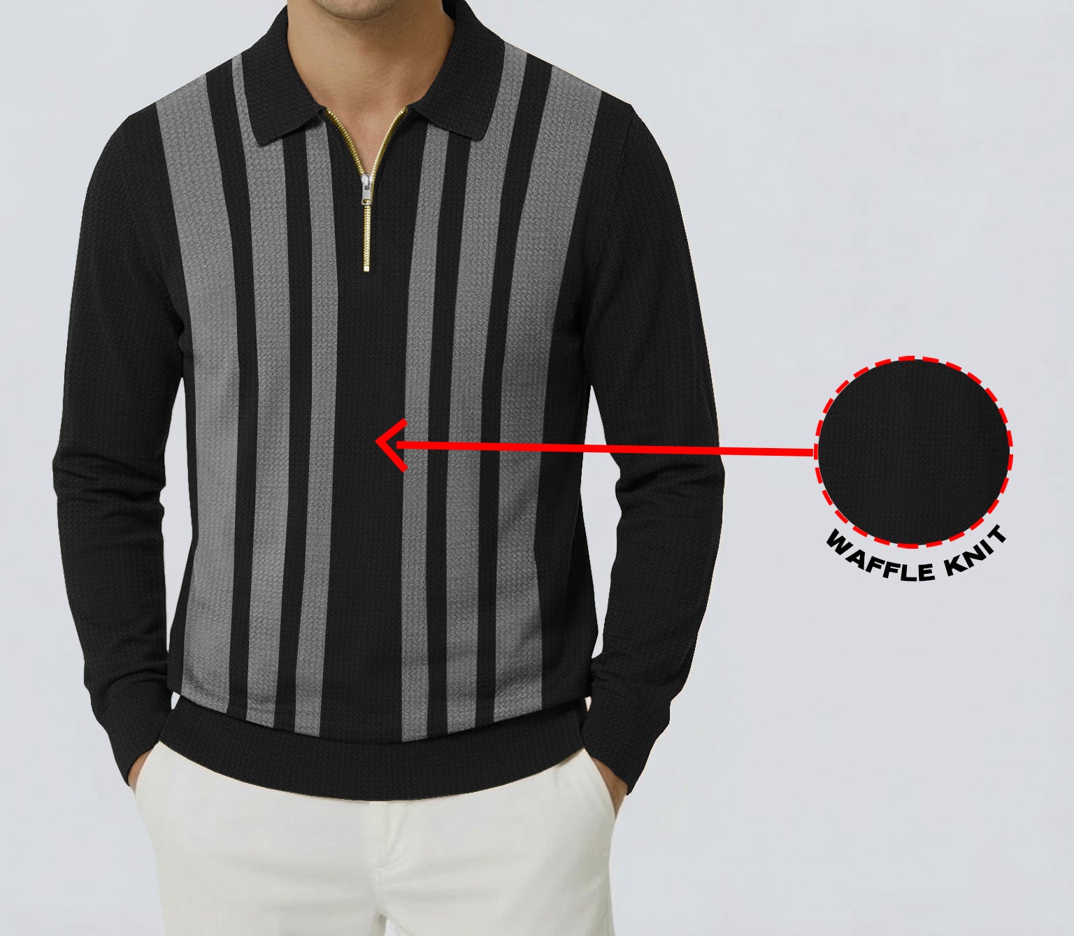 Men Quarter Zip Polo Neck Vertical Striped Full Sleeve T-shirt Black
