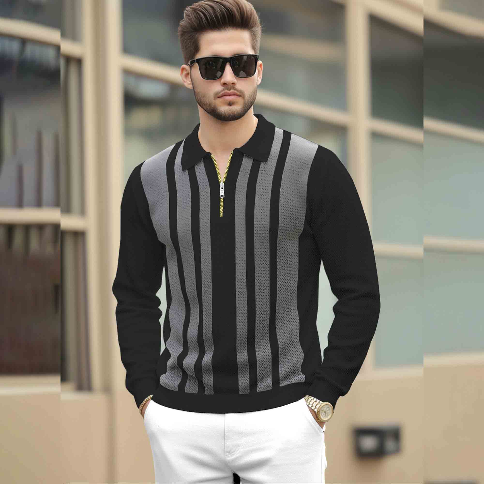 Men Quarter Zip Polo Neck Vertical Striped Full Sleeve T-shirt Black