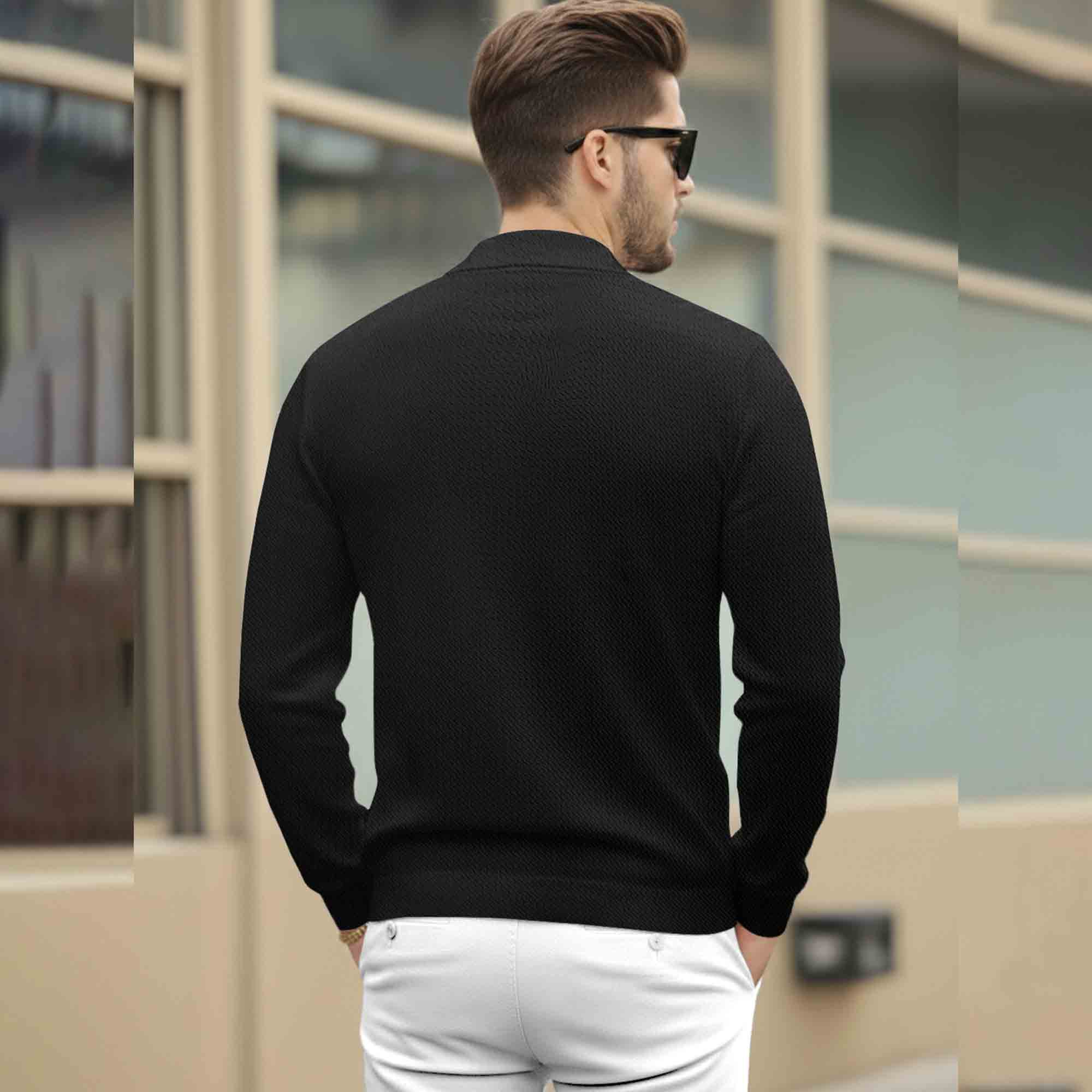 Men Quarter Zip Polo Neck Vertical Striped Full Sleeve T-shirt Black