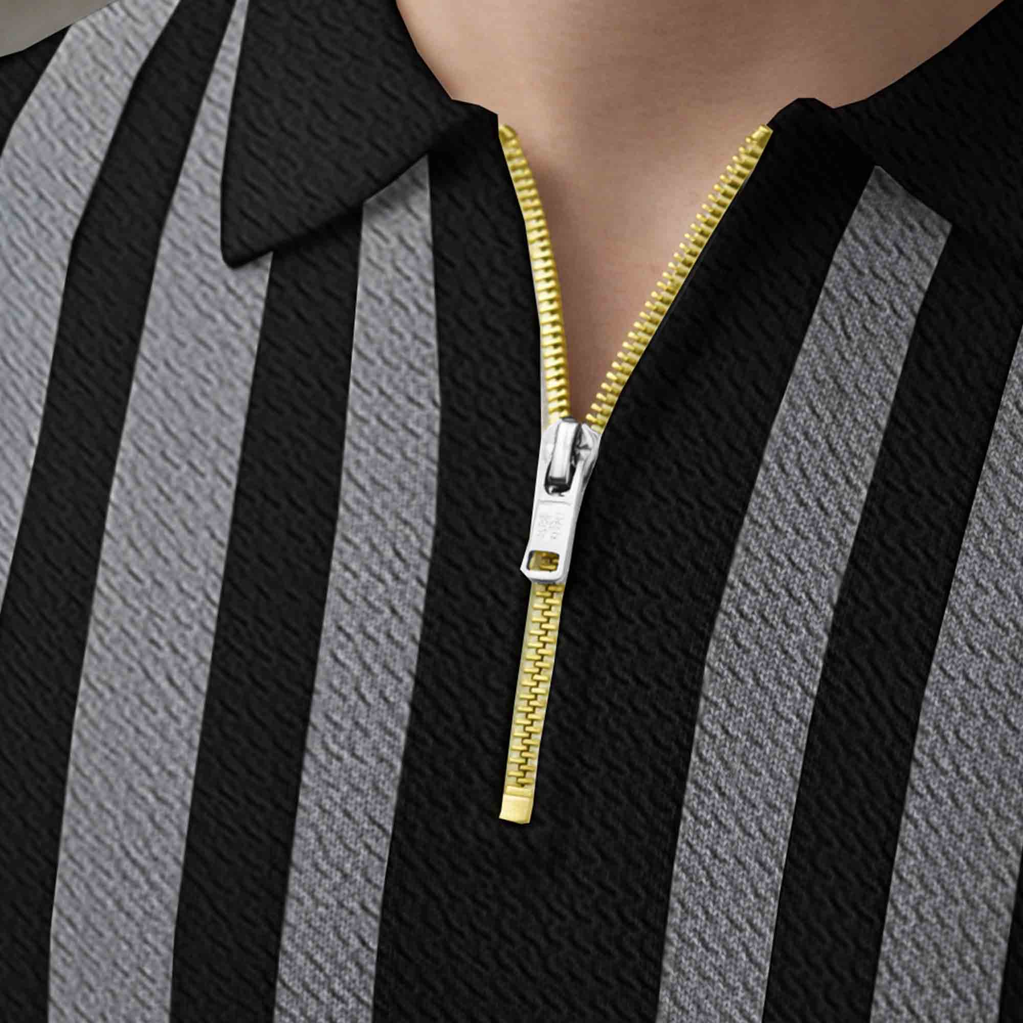Men Quarter Zip Polo Neck Vertical Striped Full Sleeve T-shirt Black