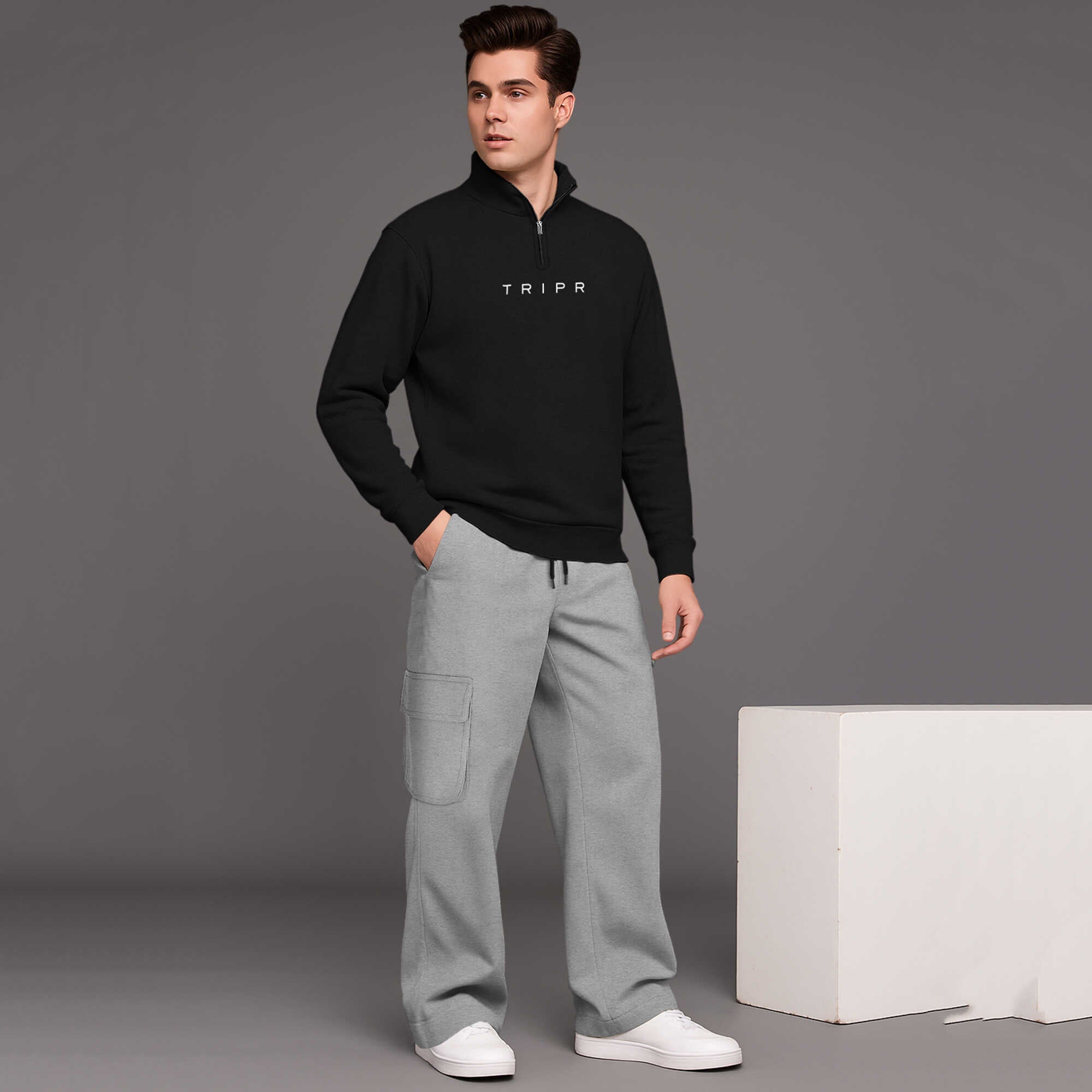 High Neck Plain Black Sweatshirt with Grey baggy Cargo Tracksuit