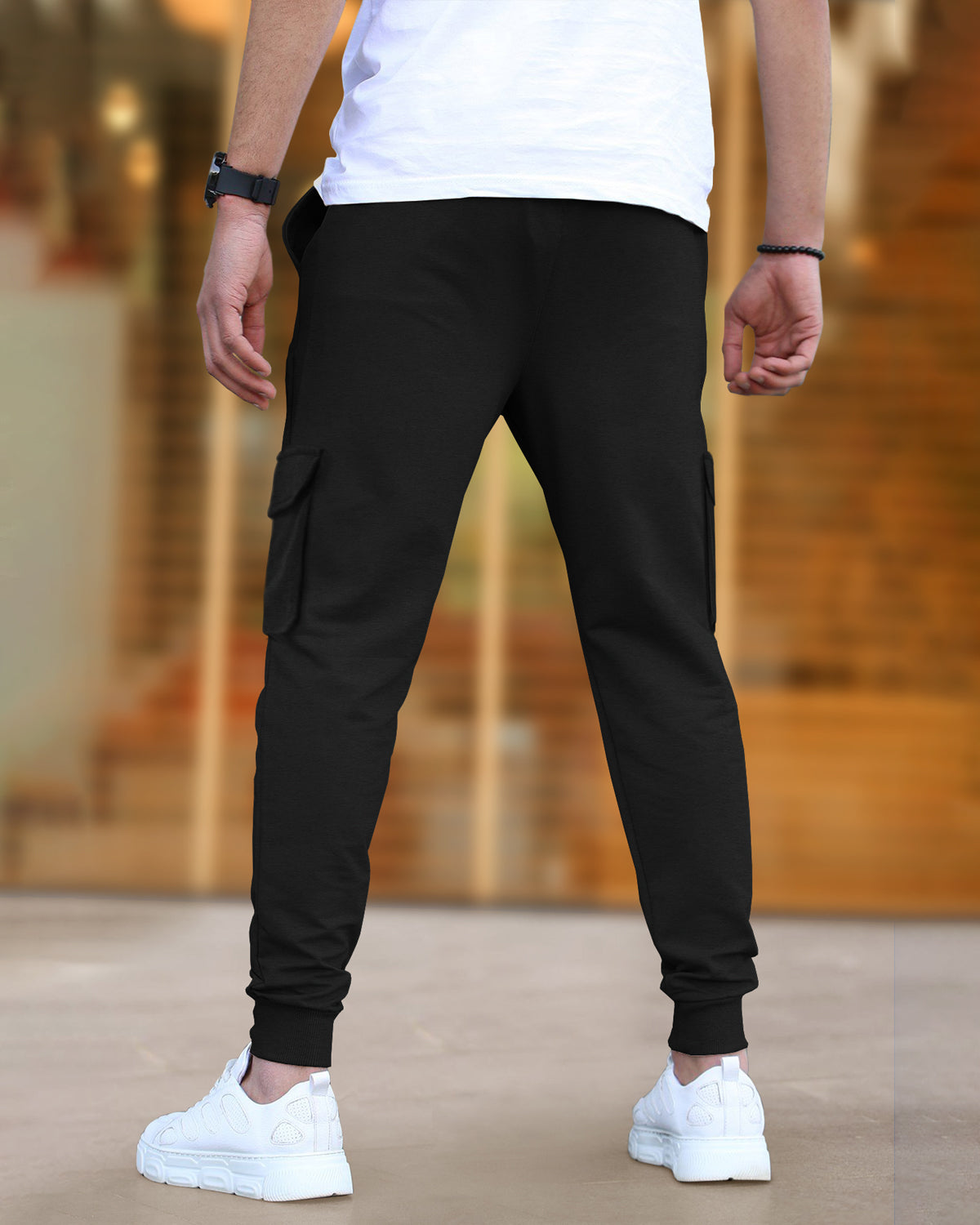 Mens Multi Pockets Plain Black Cargo Jogger