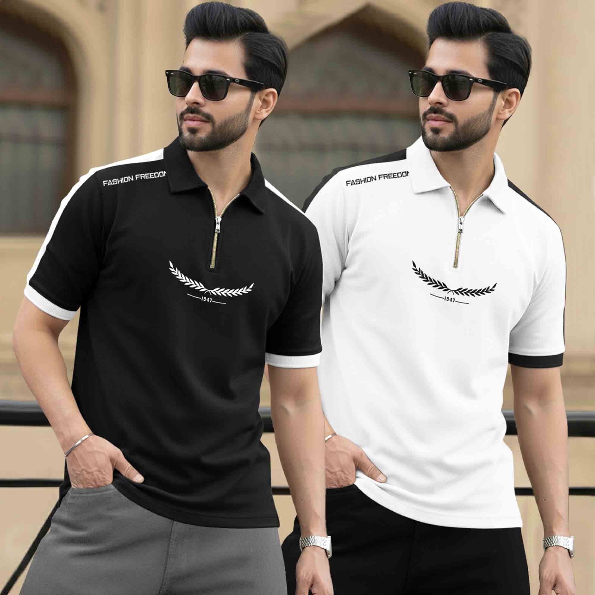 (Pack Of 2) Quarter Zip Polo Neck Printed Tshirts - 12 Variants