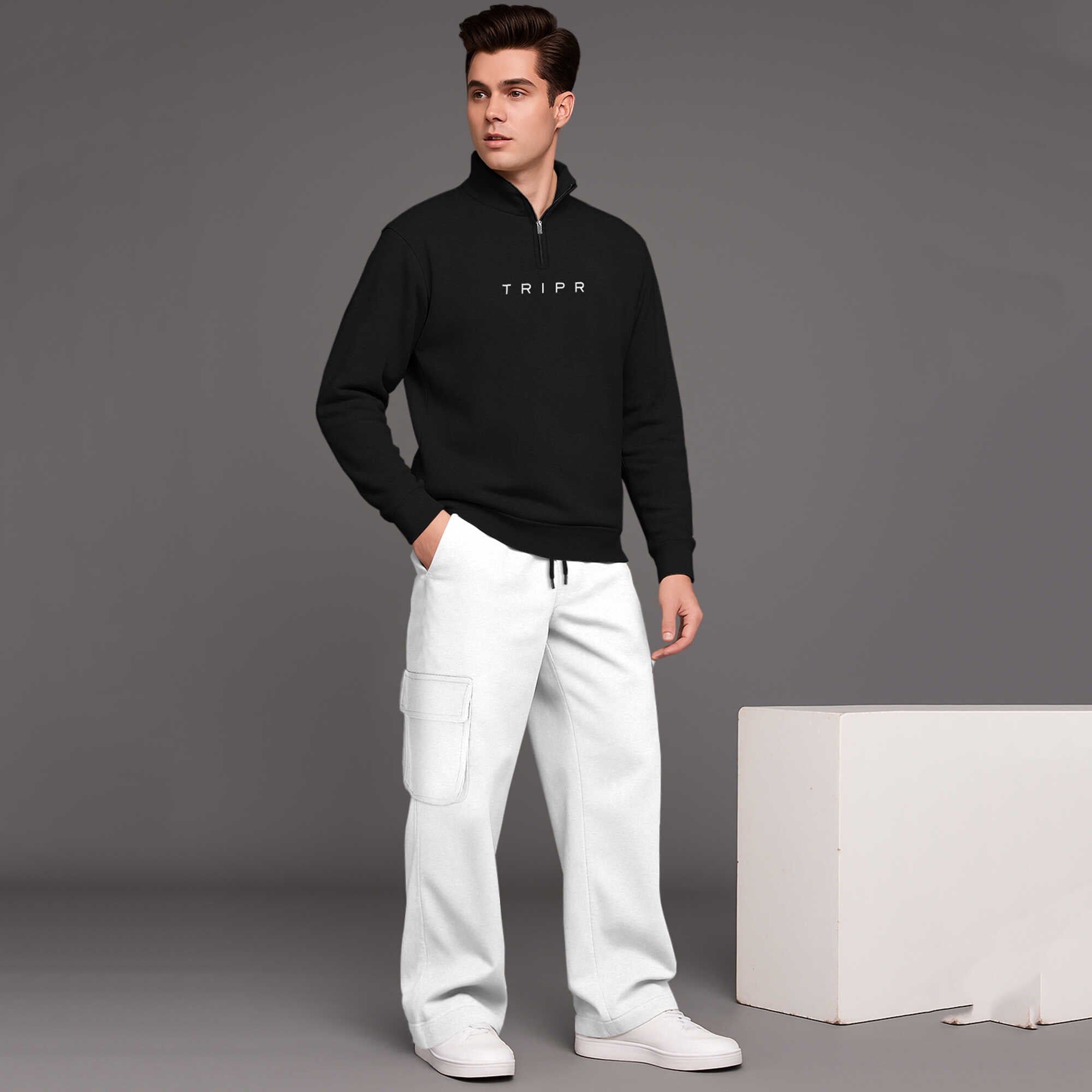 High Neck Sweatshirt & Baggy Cargo Plain Winter Outfits