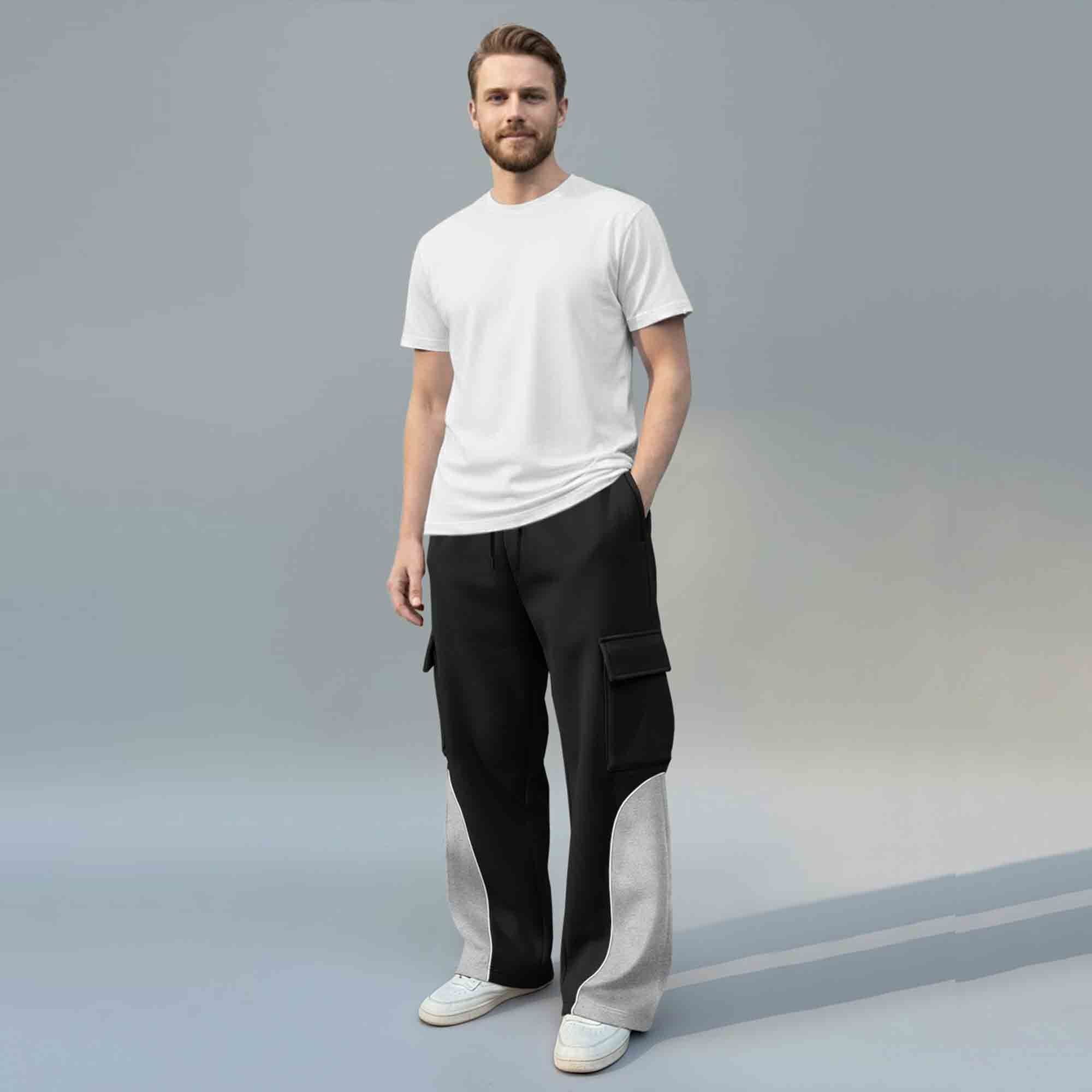 Men Pockets Dual Color Baggy Cargo Pant Black & Grey