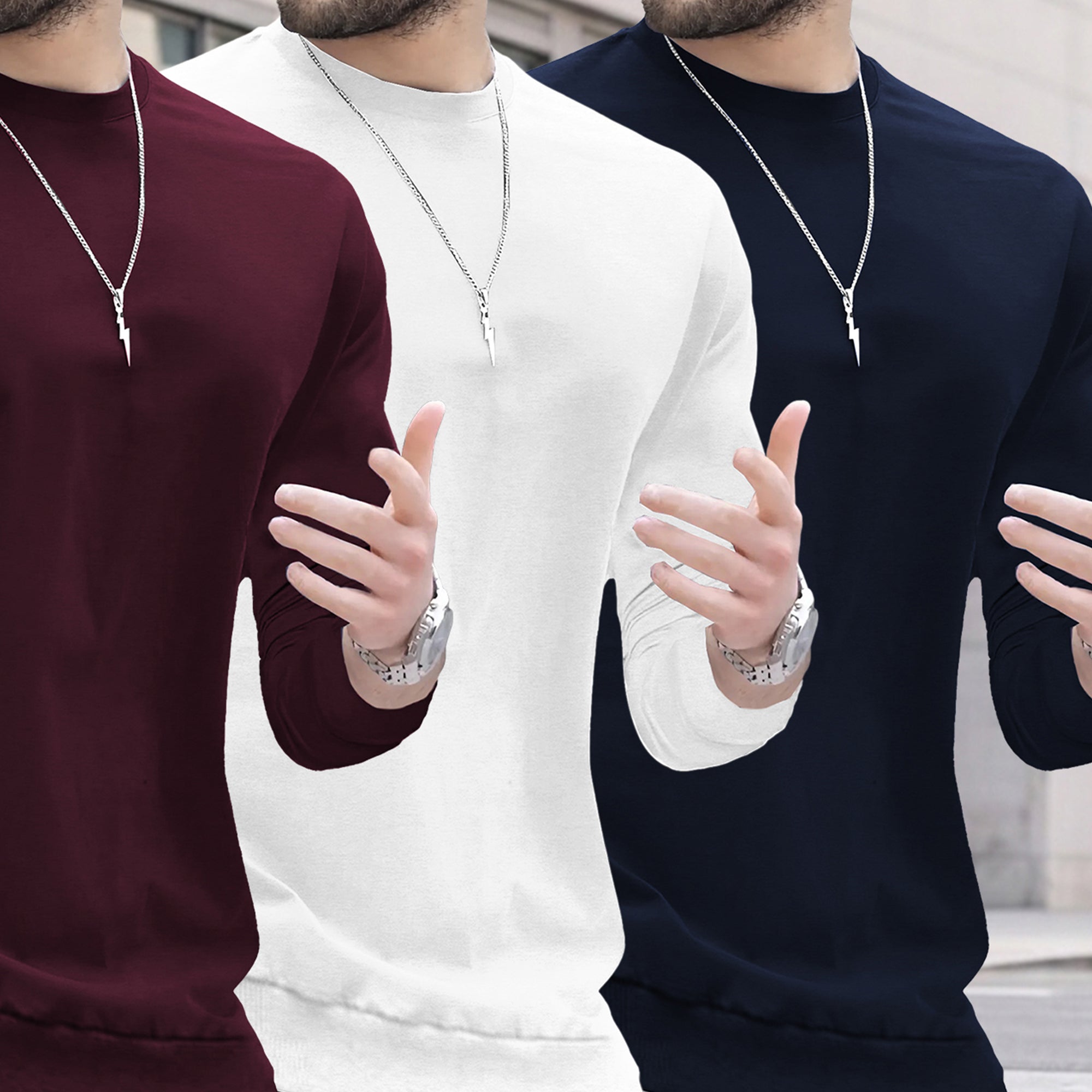 Mens Round Neck Full Sleeve Plain T-shirts (Pack Of 3)
