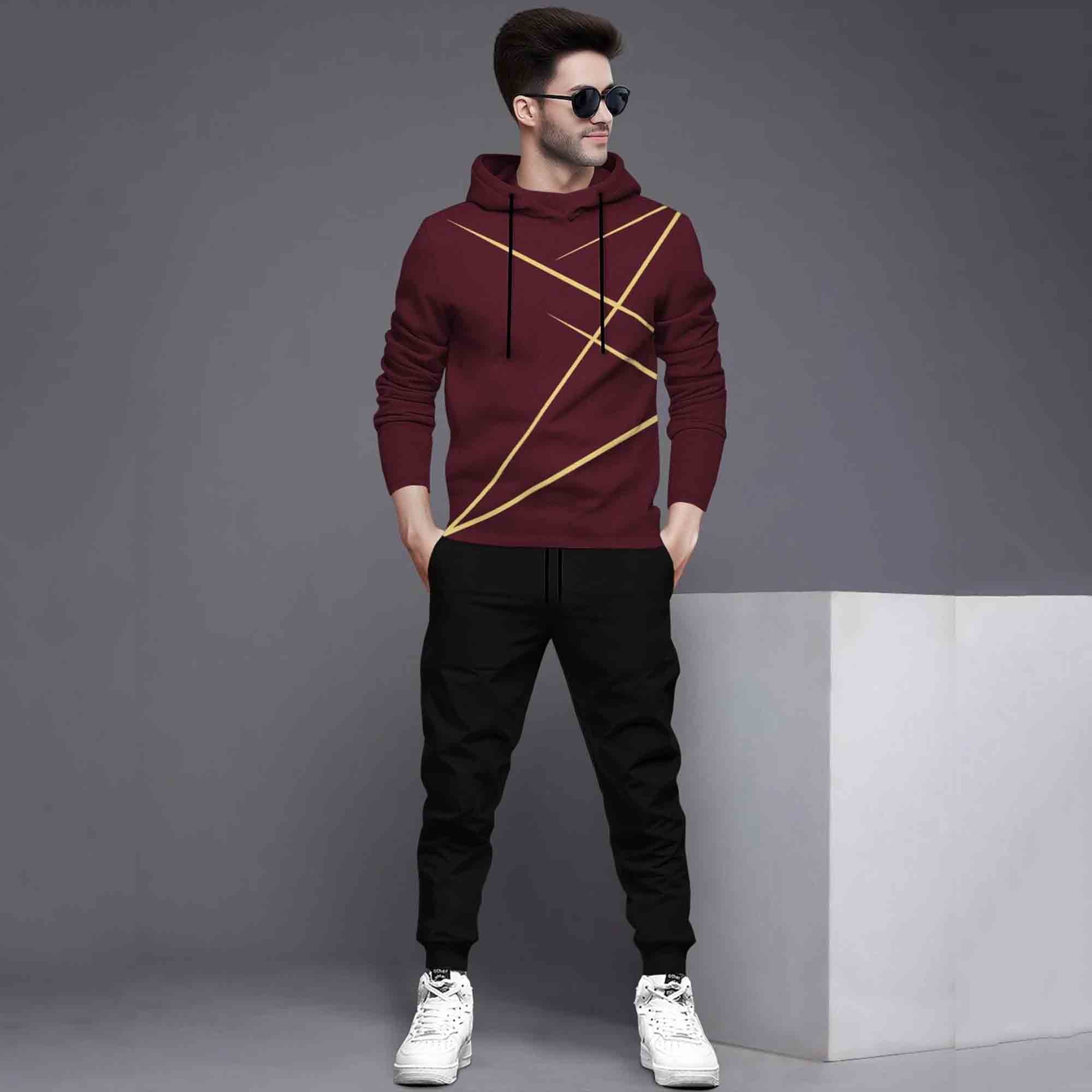 Full Sleeve ZigZag Parttern Maroon T-shirt With Matching Trackpant