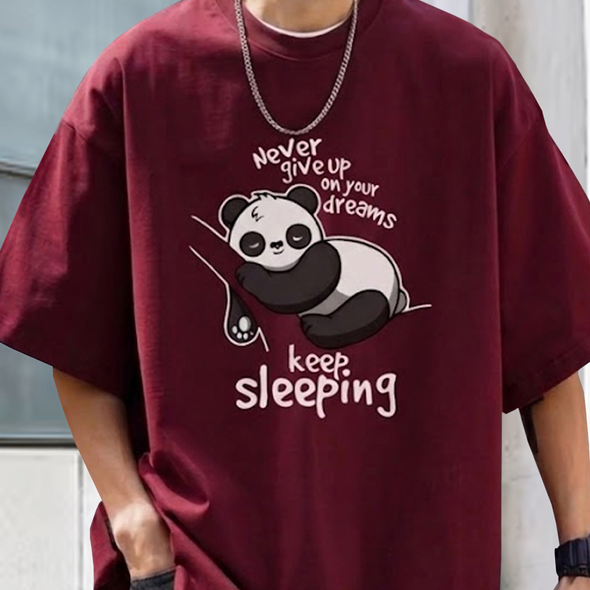 Mens Loose Fit Graphic T-Shirt with Cute Panda Print Brown