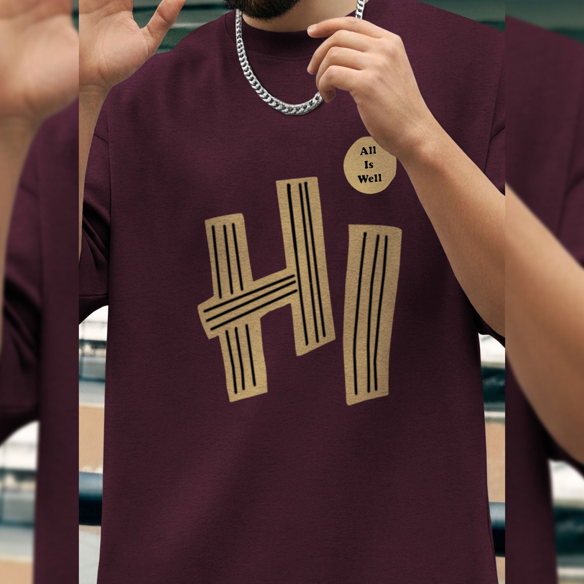 Hi Printed Drop Shoulder Maroon Tshirt