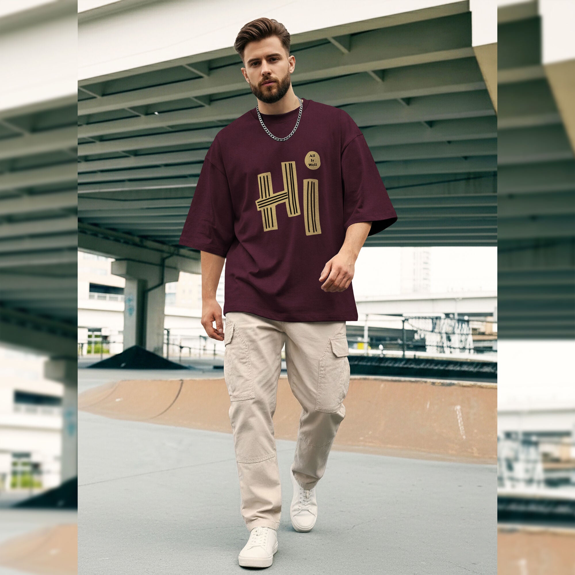 Hi Printed Drop Shoulder Maroon Tshirt