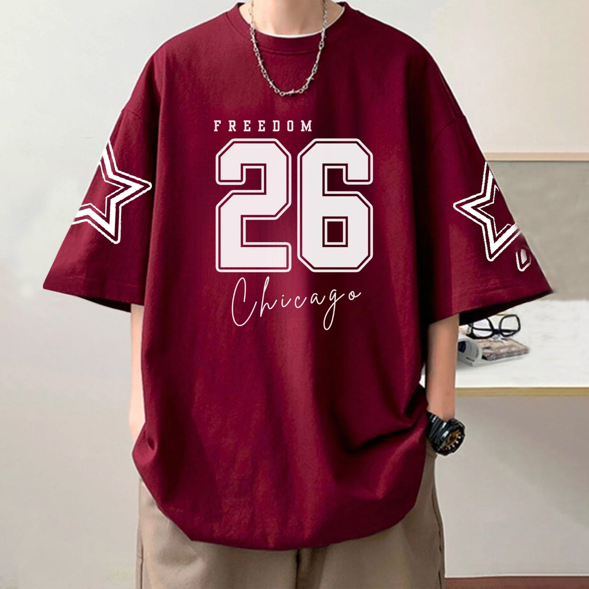 Mens Oversized Graphic Printed T-Shirt Maroon