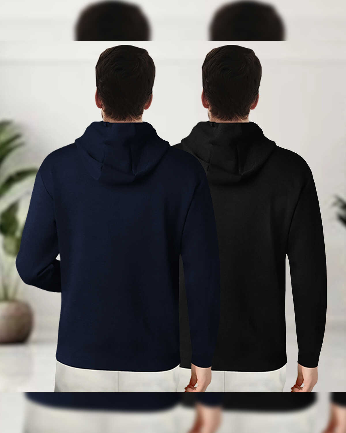 (Pack Of 2) Mens Full Sleeve Hooded Neck Printed T-shirt / Navy & Black