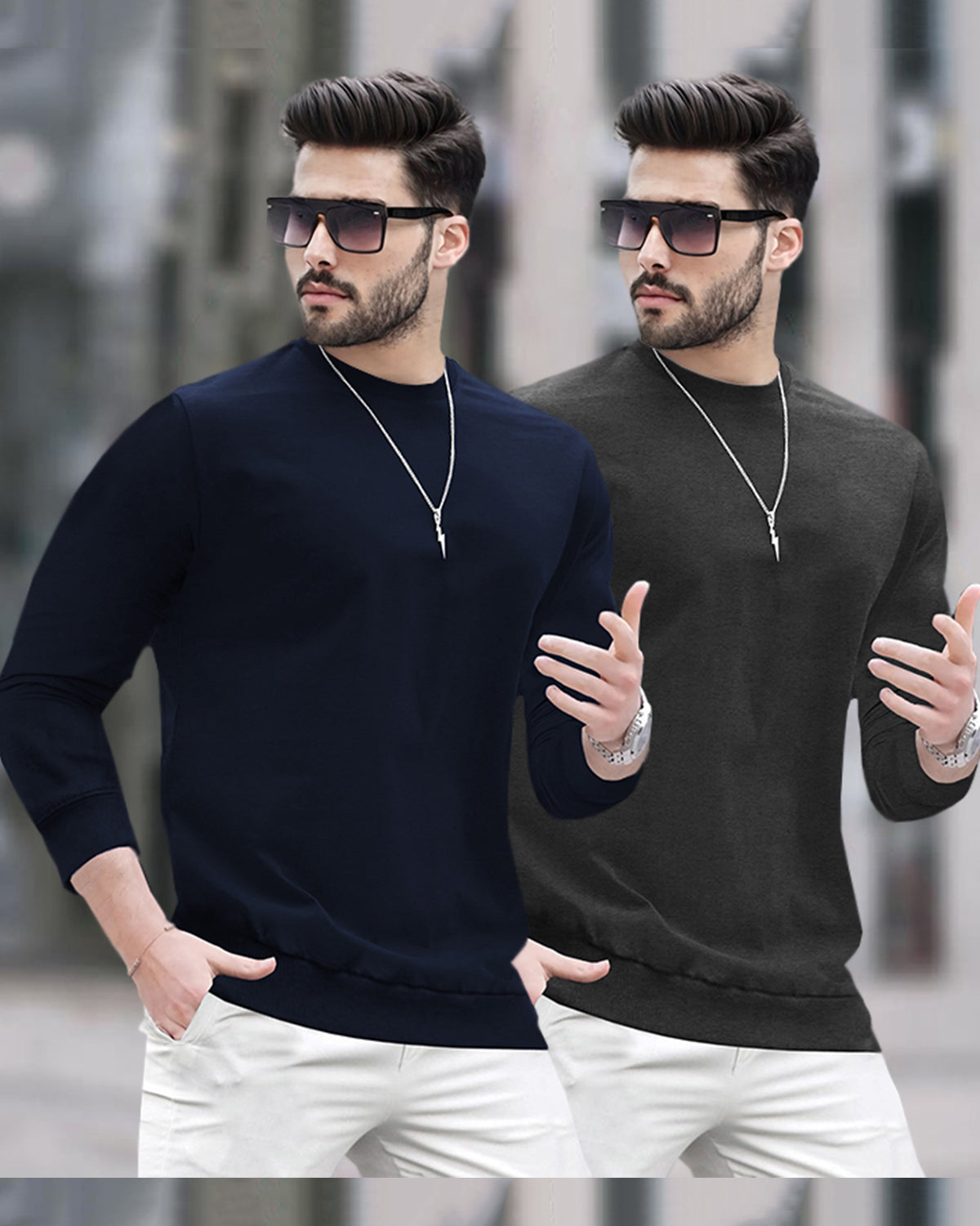Mens Round Neck Full Sleeve Plain T-shirts Navy & Charcoalblack (Pack Of 2)