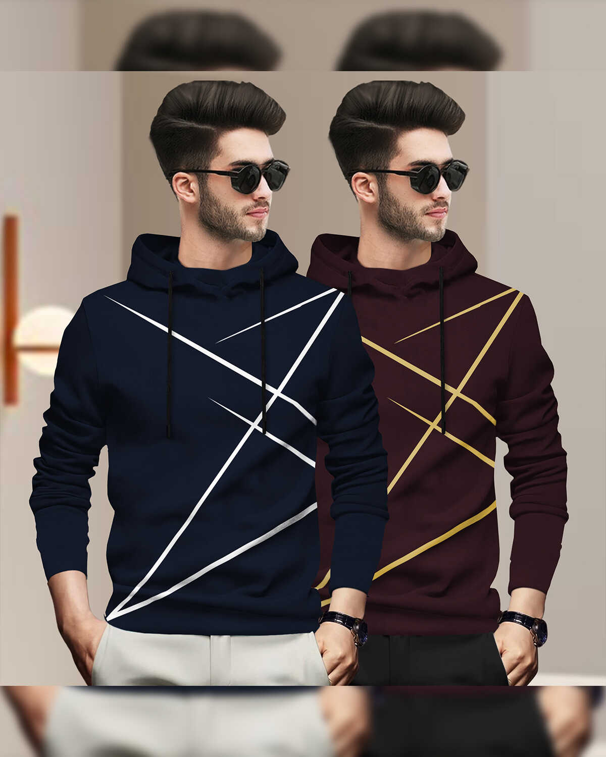 (Pack Of 2) Mens Full Sleeve Hooded Neck Printed T-shirt Navy & Maroon