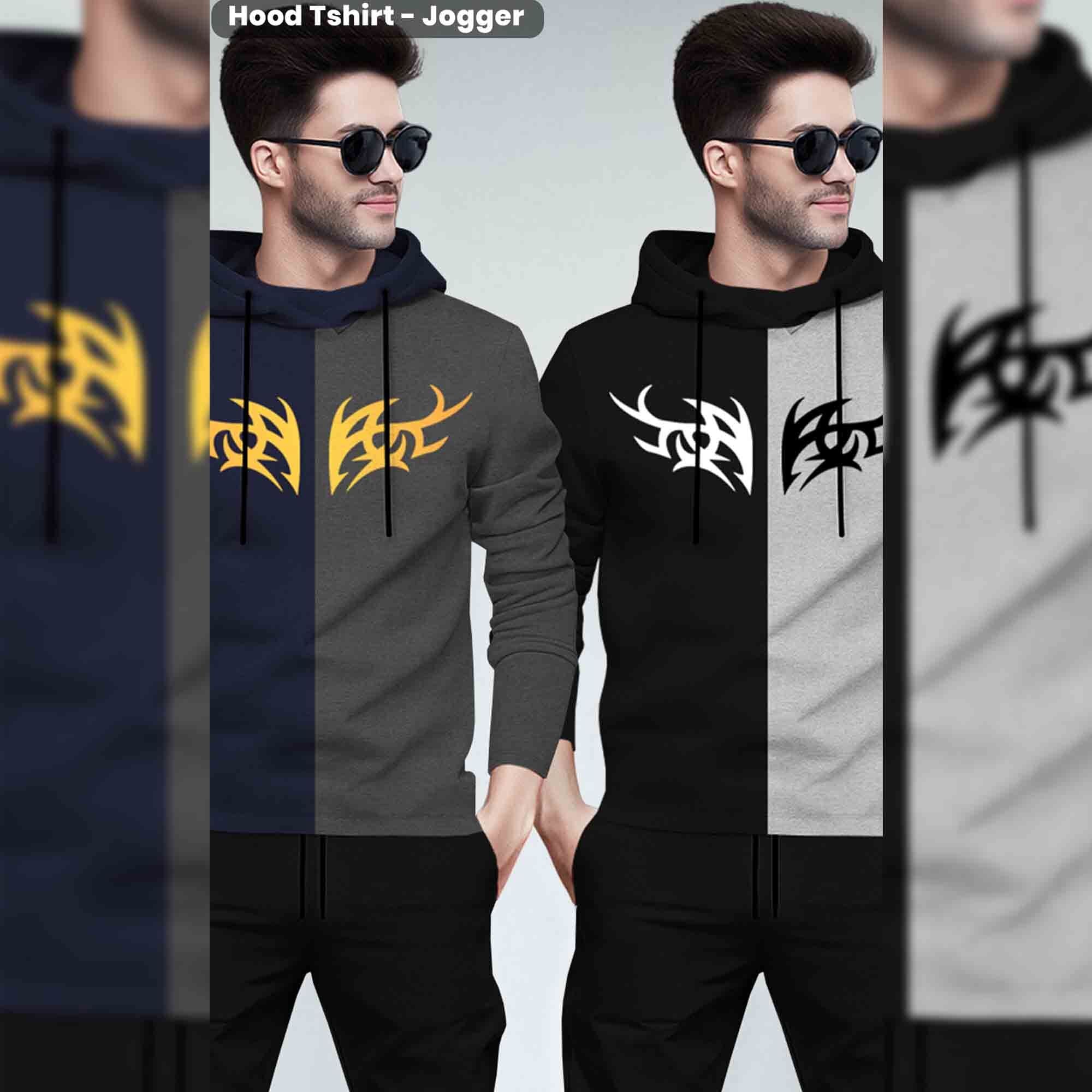 (Pack Of 2) Printed Tracksuit Navy & Black Hooded T-shirts - Matching Plain Trackpants