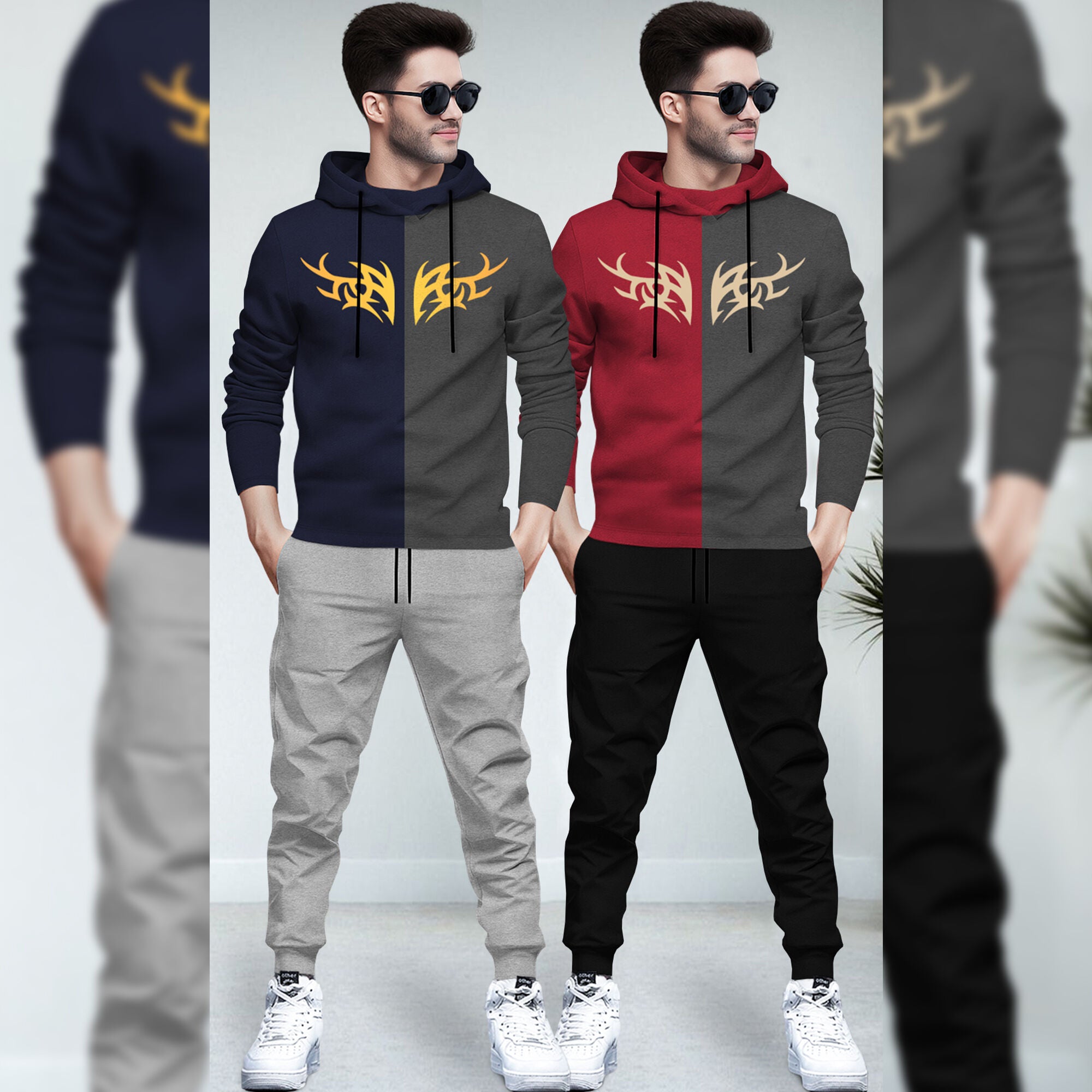 (Pack Of 2) Printed Tracksuit Navy & Red Hooded T-shirts - Matching Plain Trackpants