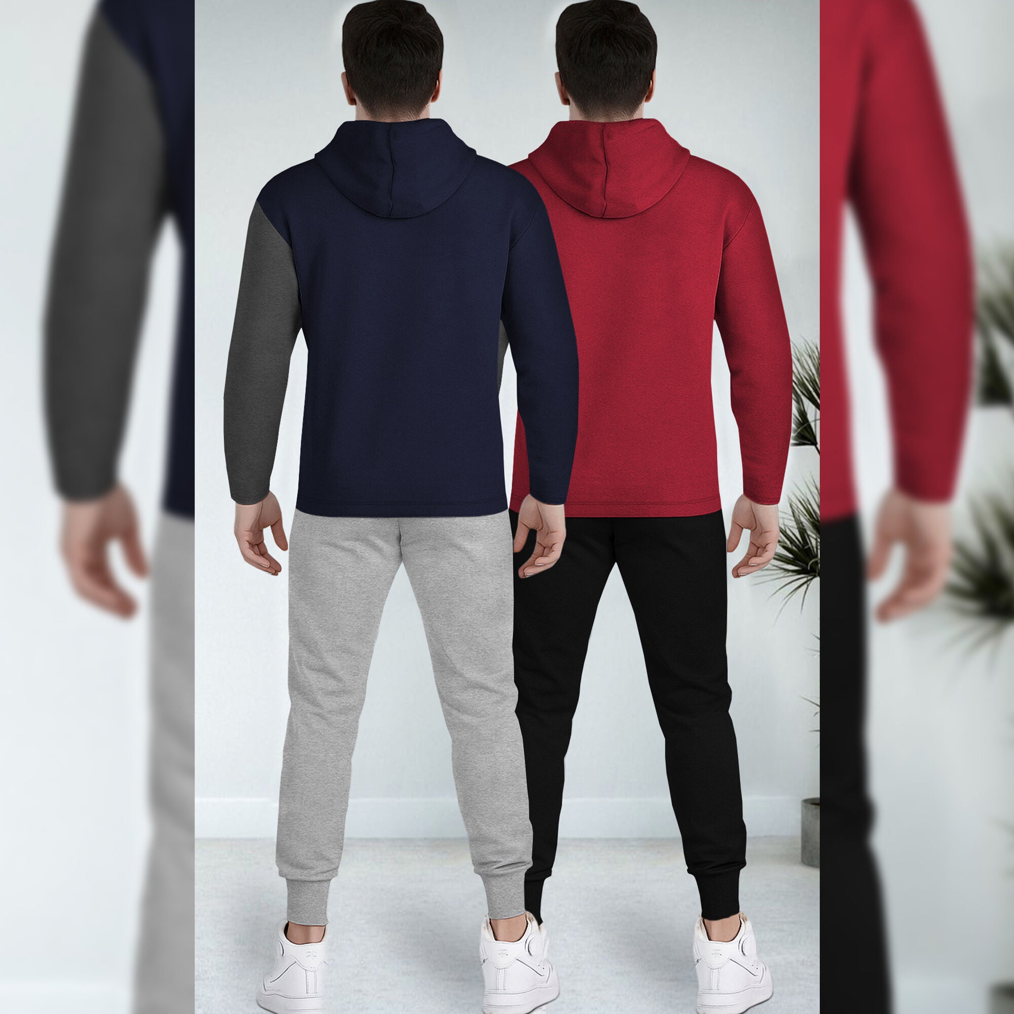 (Pack Of 2) Printed Tracksuit Navy & Red Hooded T-shirts - Matching Plain Trackpants