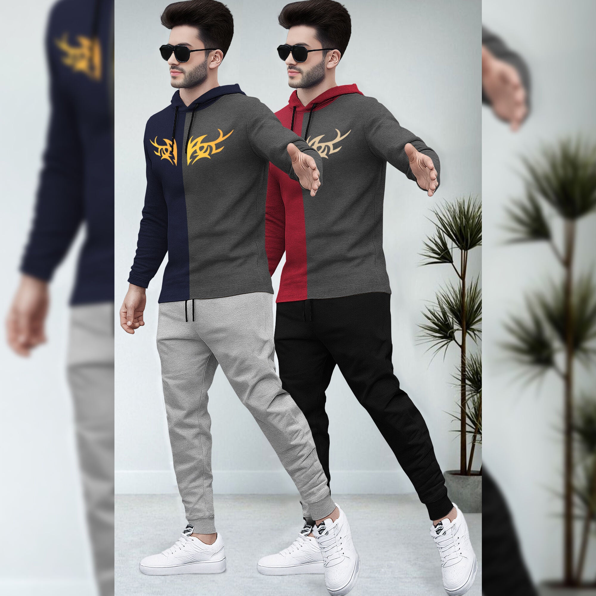 (Pack Of 2) Printed Tracksuit Navy & Red Hooded T-shirts - Matching Plain Trackpants
