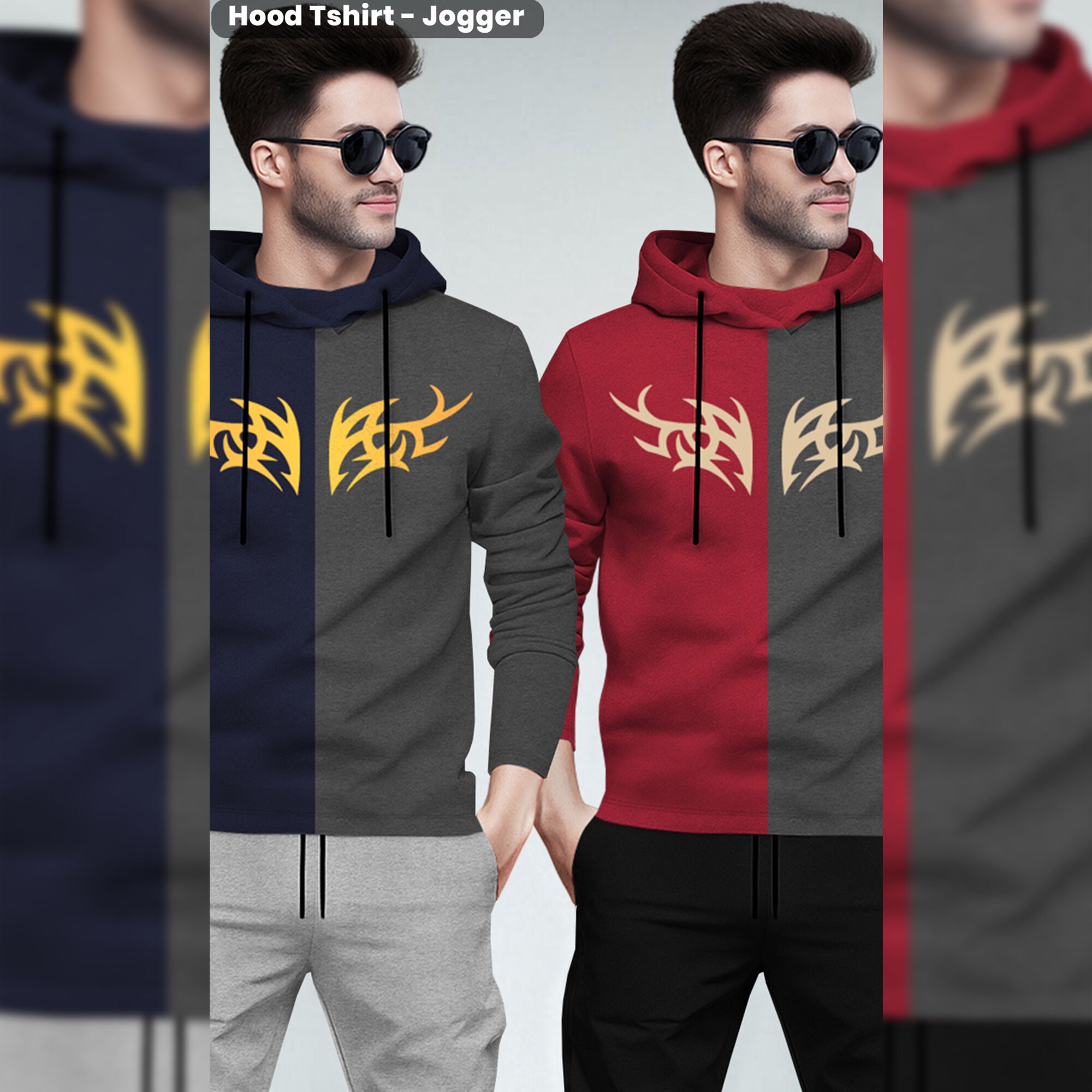 (Pack Of 2) Printed Tracksuit Navy & Red Hooded T-shirts - Matching Plain Trackpants