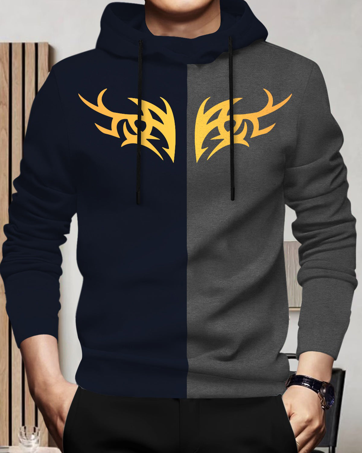 Mens Full Sleeve Hooded Neck Dual Color Printed T-shirt - 7 Variants