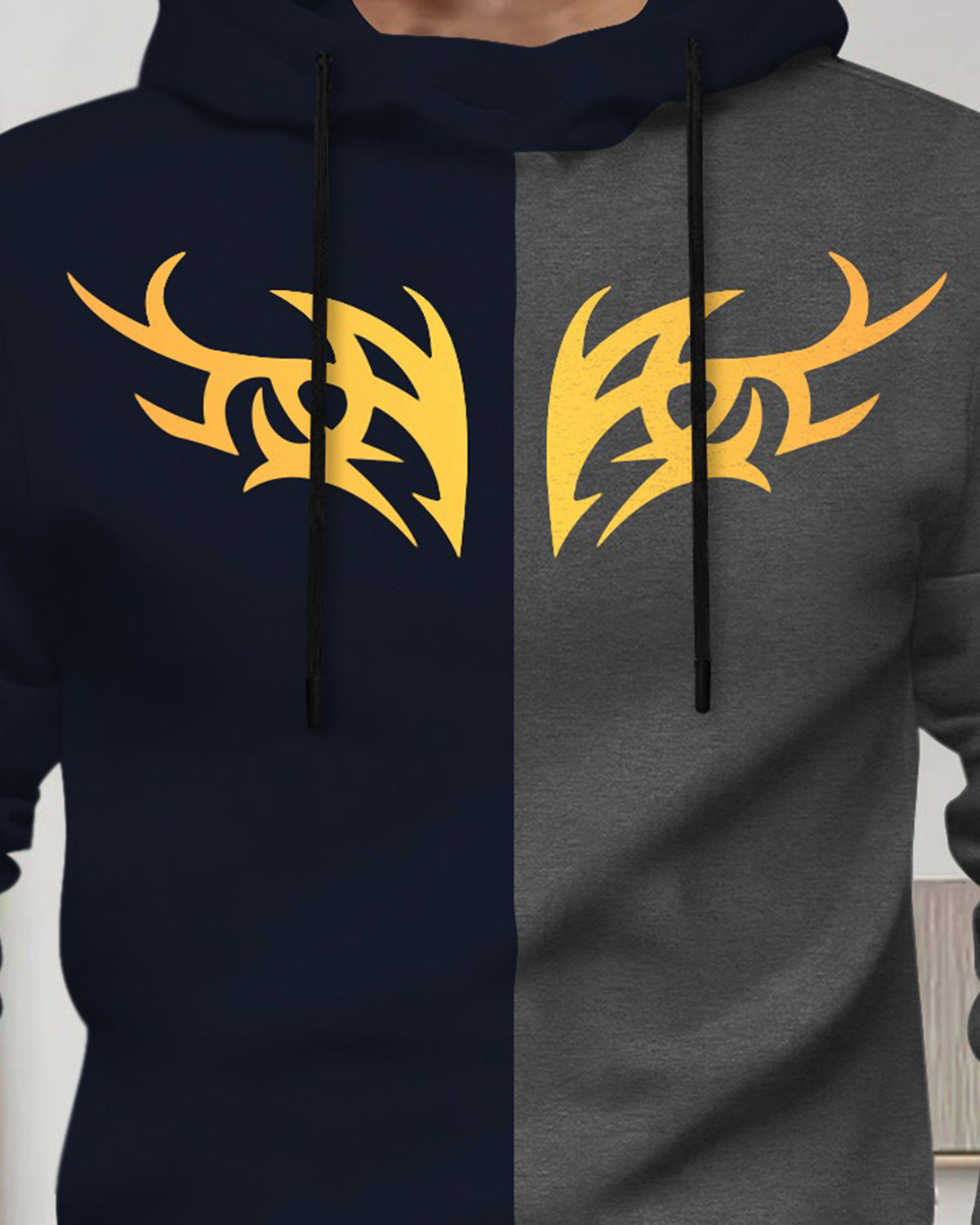 Mens Full Sleeve Hooded Neck Dual Color Printed T-shirt / Navy & Darkgrey
