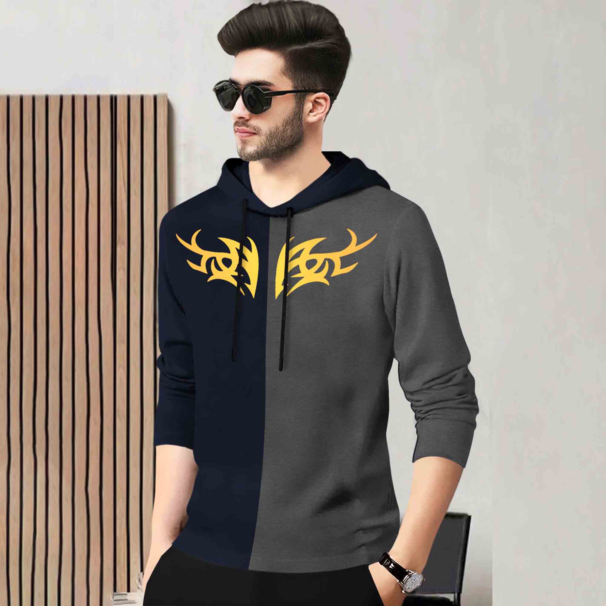 Mens Full Sleeve Hooded Neck Dual Color Printed T-shirt / Navy & Darkgrey