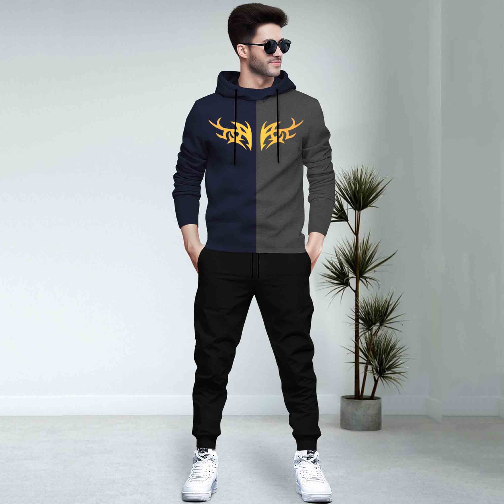 Dual Color Navy & Darkgrey T-shirt With Grey Matching TrackPant Hoodie Tracksuit