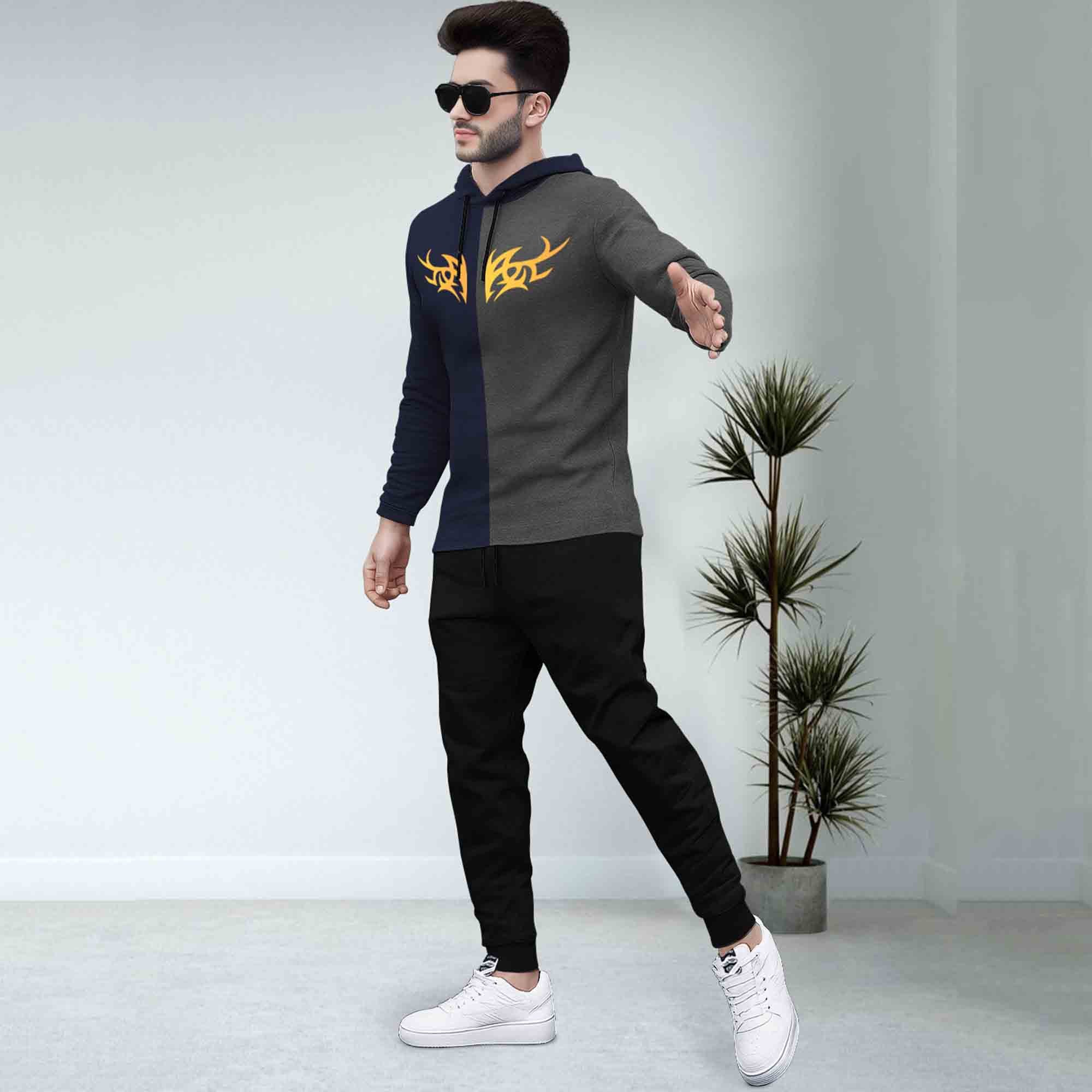 Dual Color Navy & Darkgrey T-shirt With Grey Matching TrackPant Hoodie Tracksuit