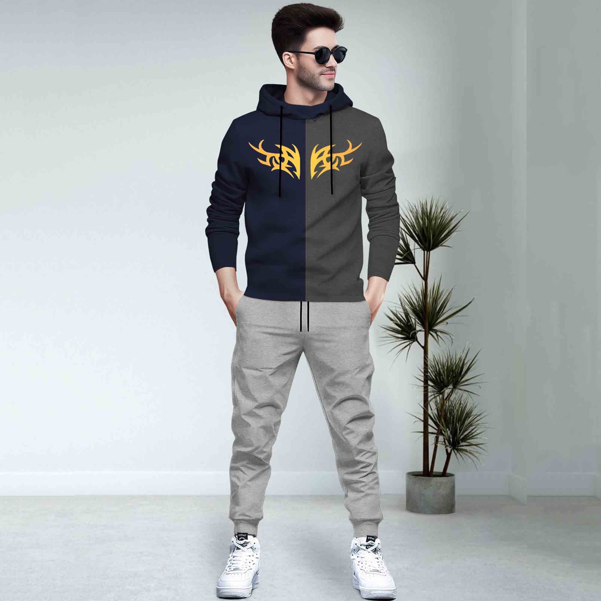 Dual Color Navy & Darkgrey T-shirt With Matching TrackPant Hoodie Tracksuit