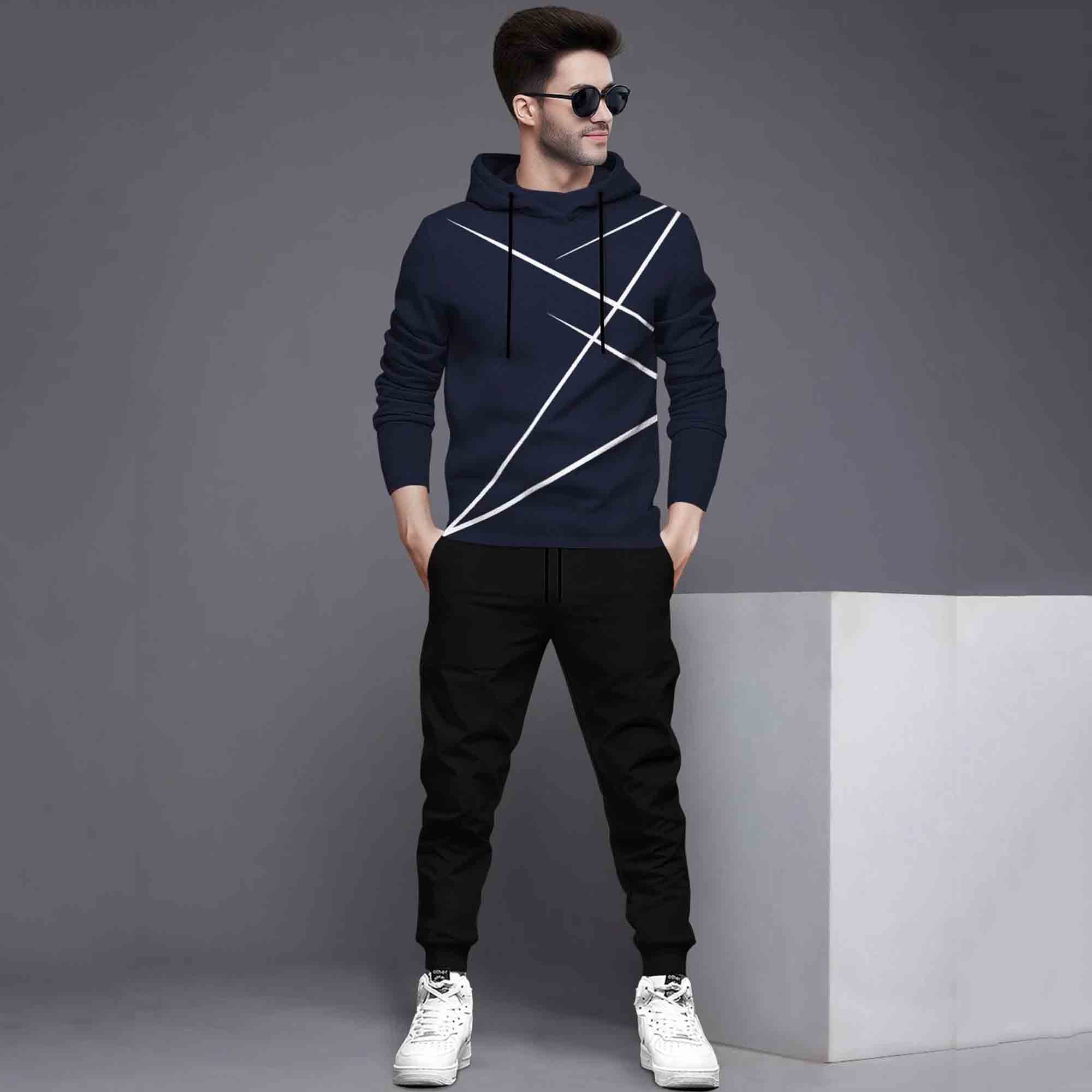 Full Sleeve ZigZag Parttern Navyblue T-shirt With Matching Trackpant