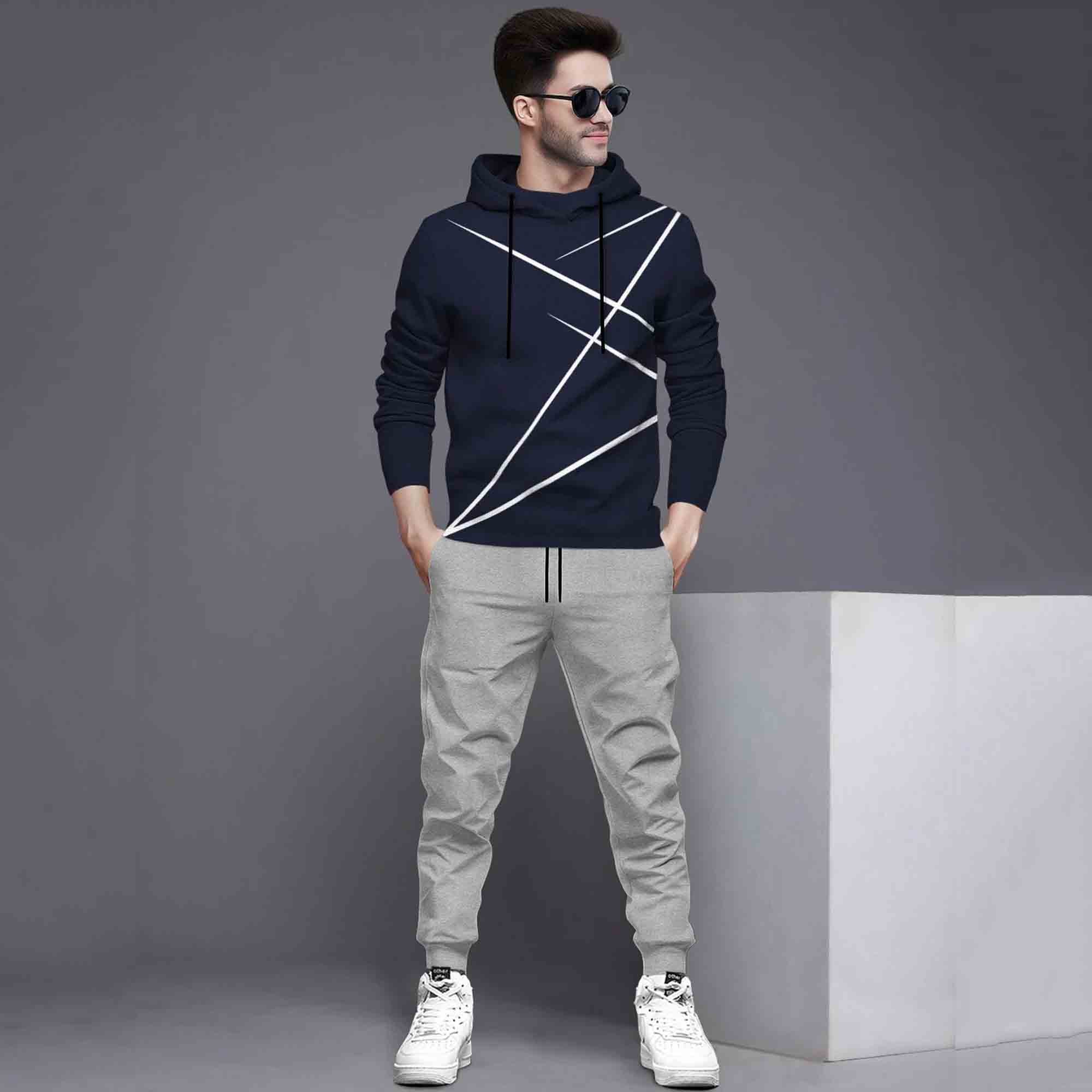Full Sleeve ZigZag Parttern Navyblue T-shirt With Grey Matching Trackpant