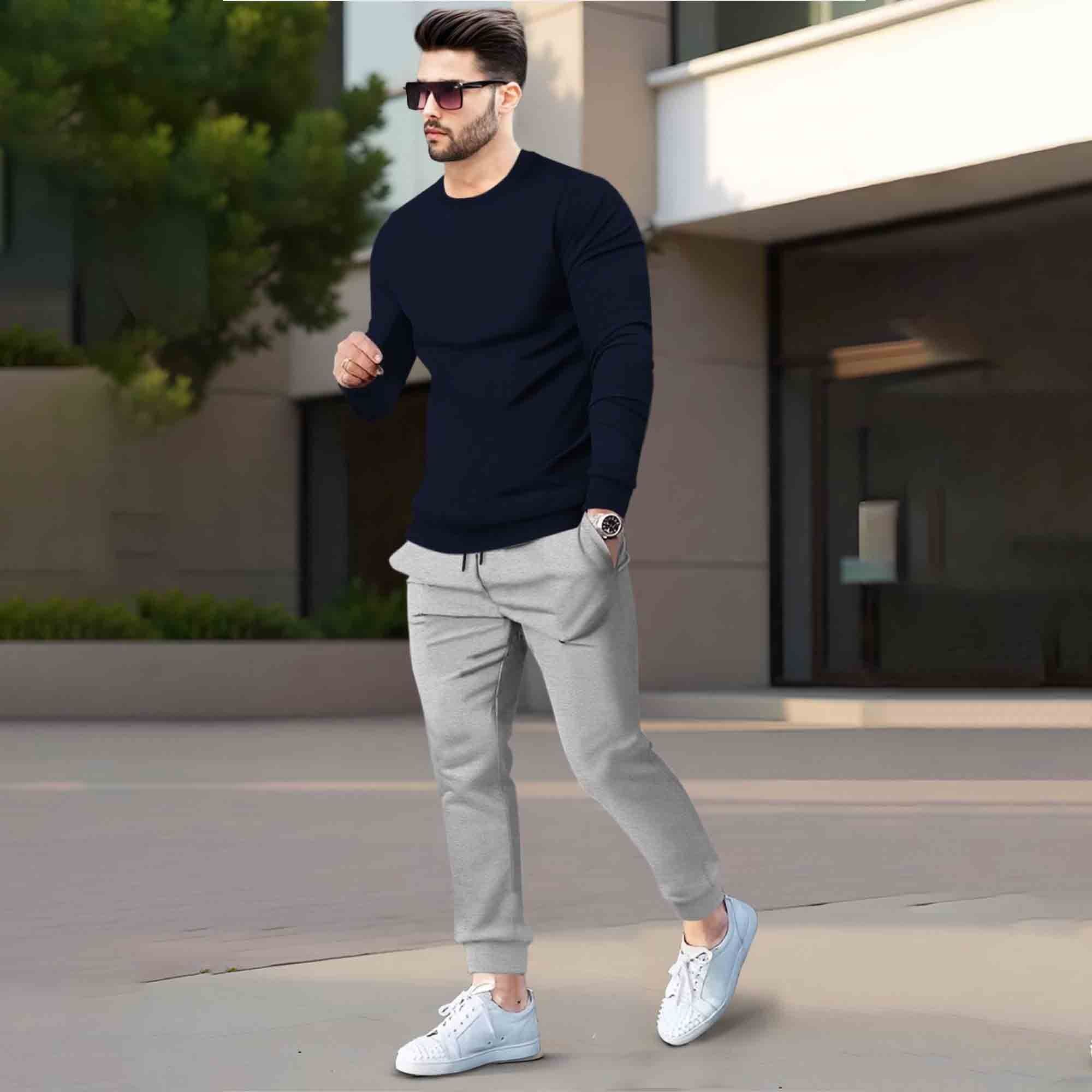 Mens Tracksuit - Full Sleeve Navy t-shirt Plain Grey Trackpant