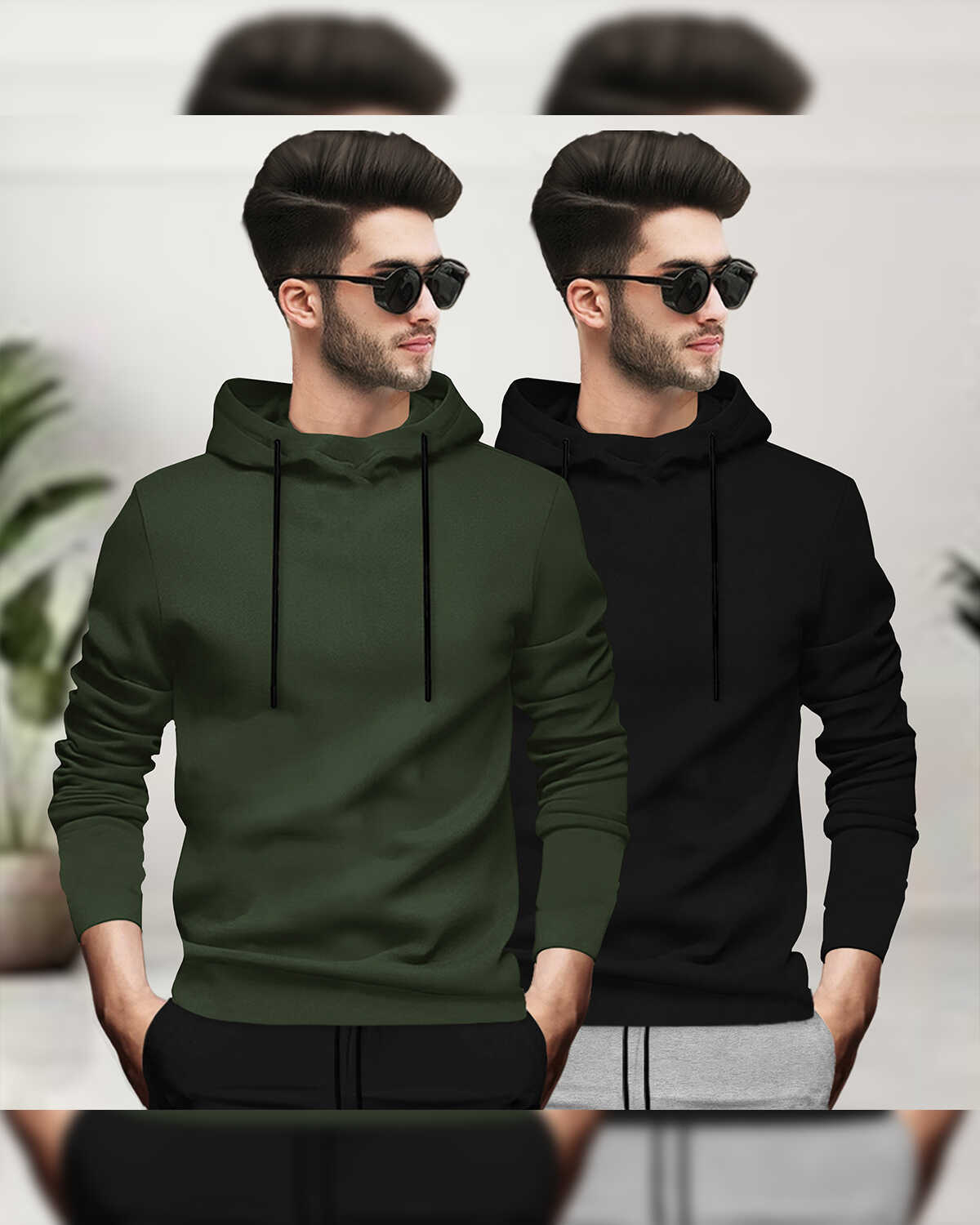 (Pack Of 2) Mens Full Sleeve Plain Olive & Black Hooded T-shirts