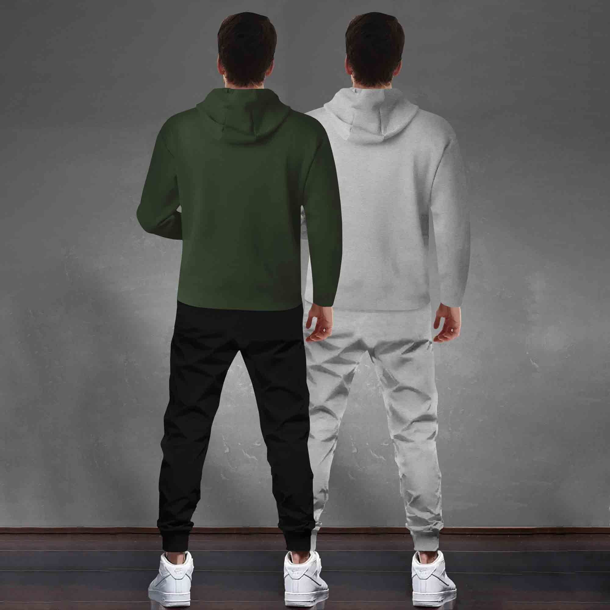 (Pack Of 2) Tracksuit Olive & Grey Hooded T-shirts / Matching Black Trackpants