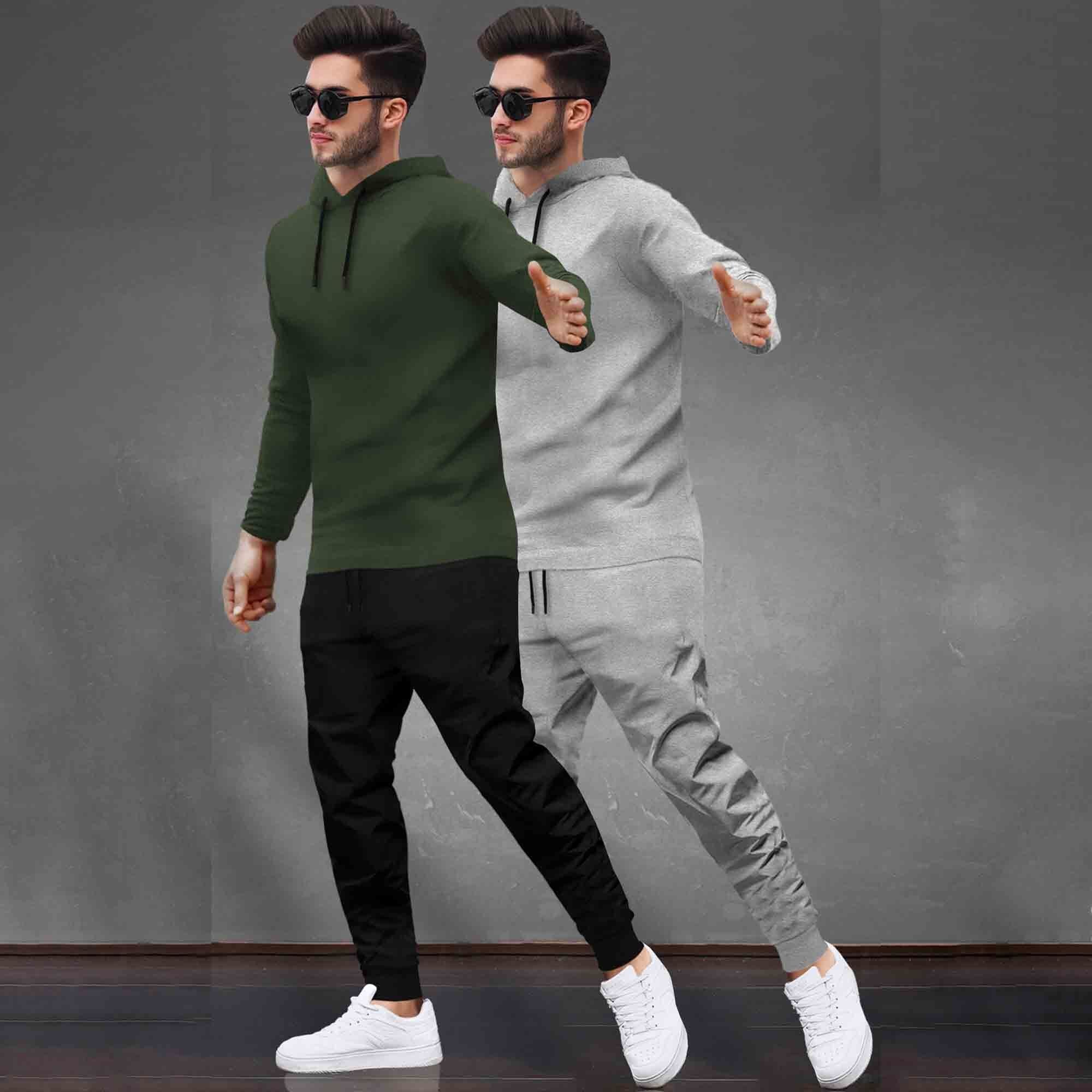 (Pack Of 2) Tracksuit Olive & Grey Hooded T-shirts / Matching Black Trackpants