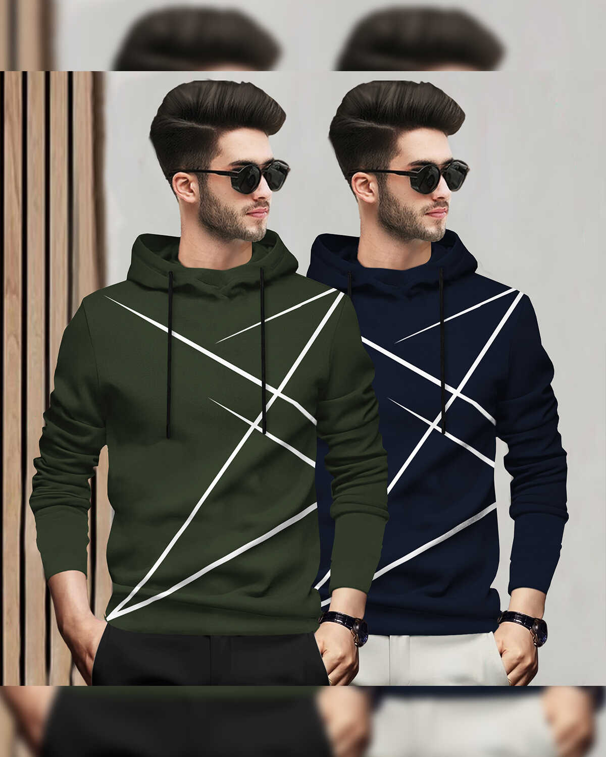 (Pack Of 2) Mens Full Sleeve Hooded Neck Printed T-shirt Olive & Navy