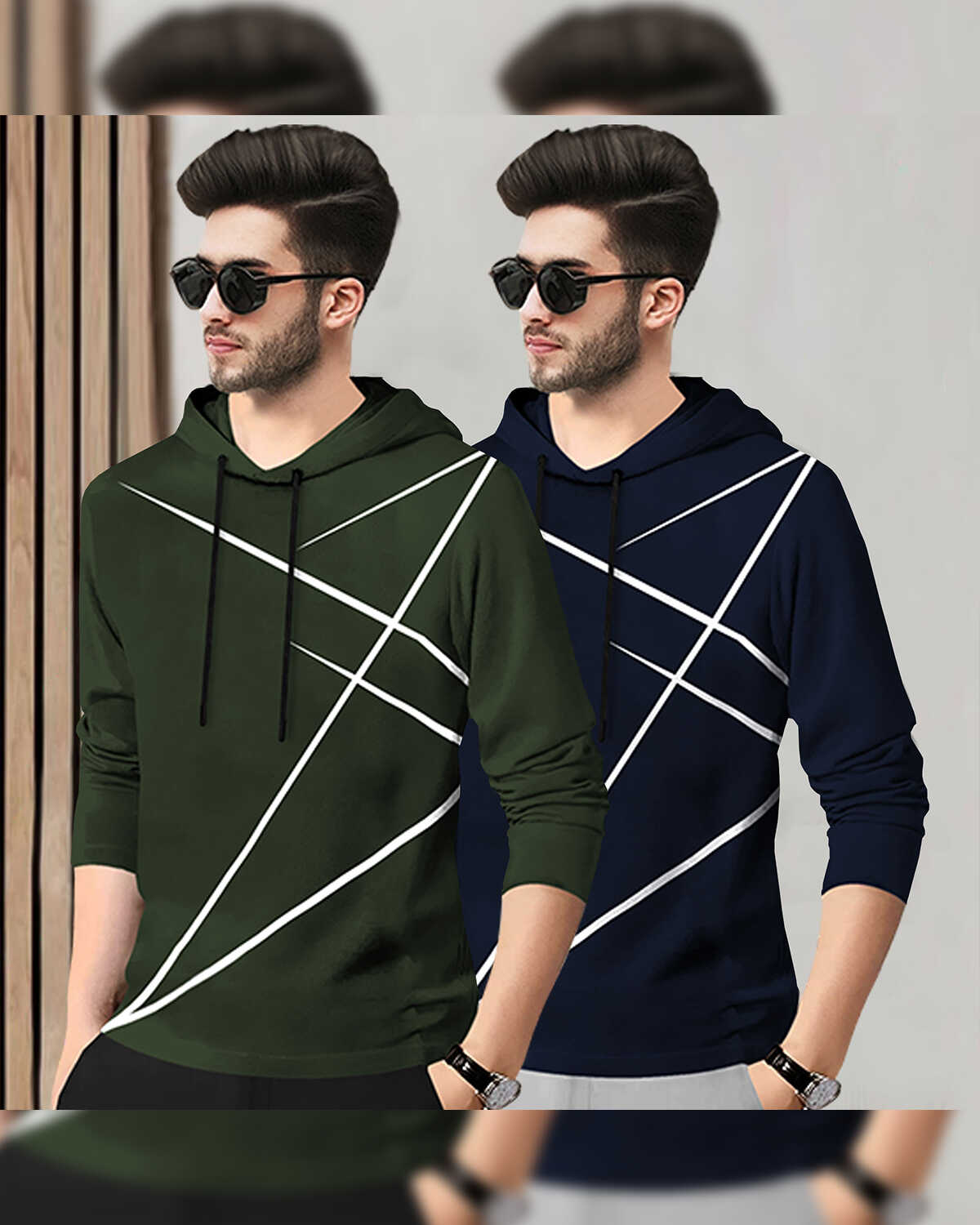 (Pack Of 2) Mens Full Sleeve Hooded Neck Printed T-shirt Olive & Navy