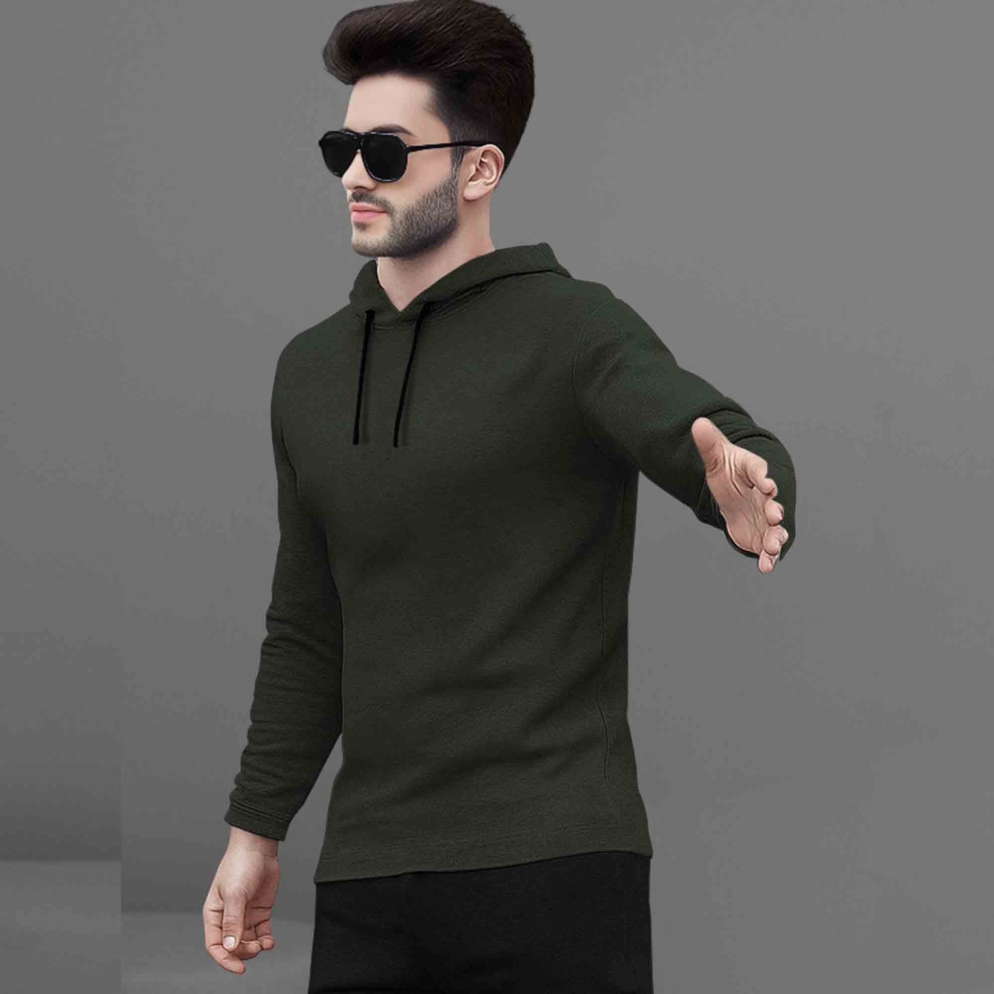 Mens Olivegreen Full Sleeve Plain Hooded T-shirt