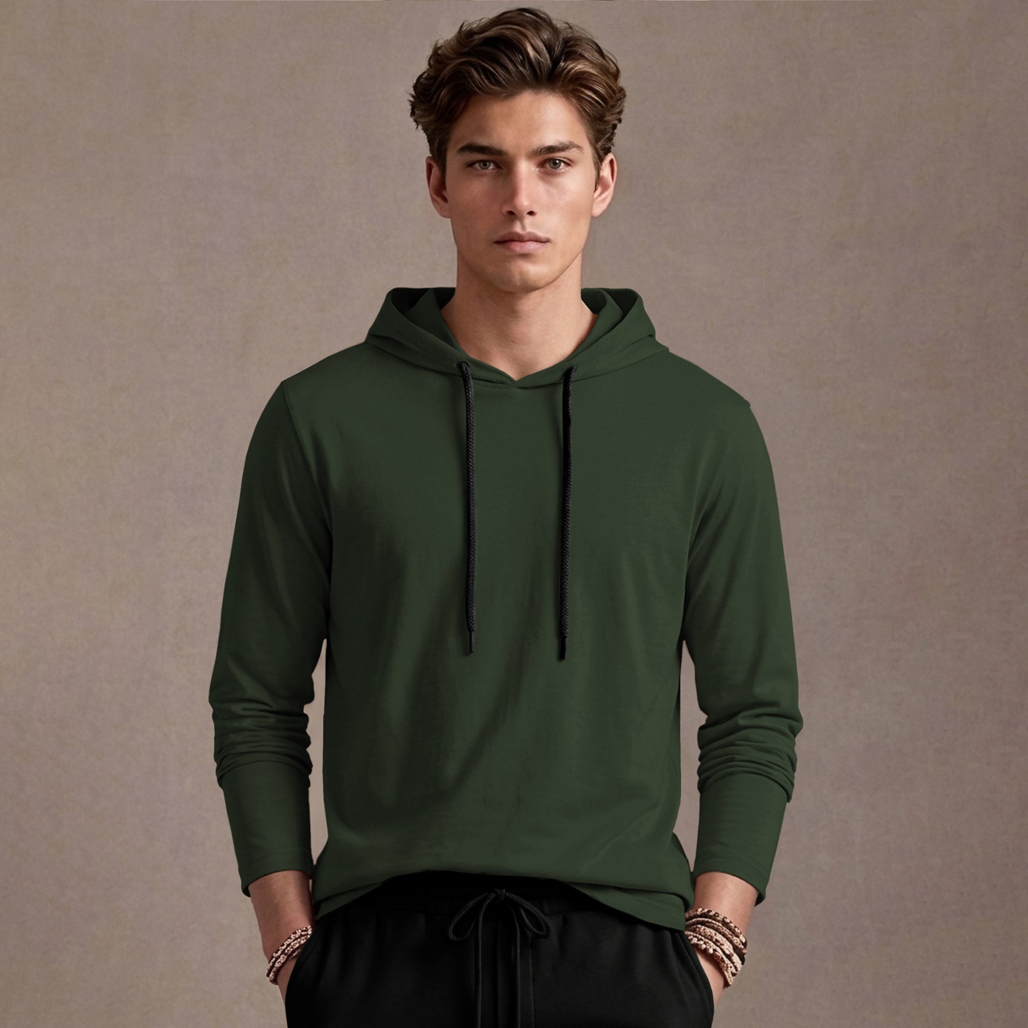 Olive Green Hooded Full Sleeve T-shirt with Black Trackpant Tracksuit
